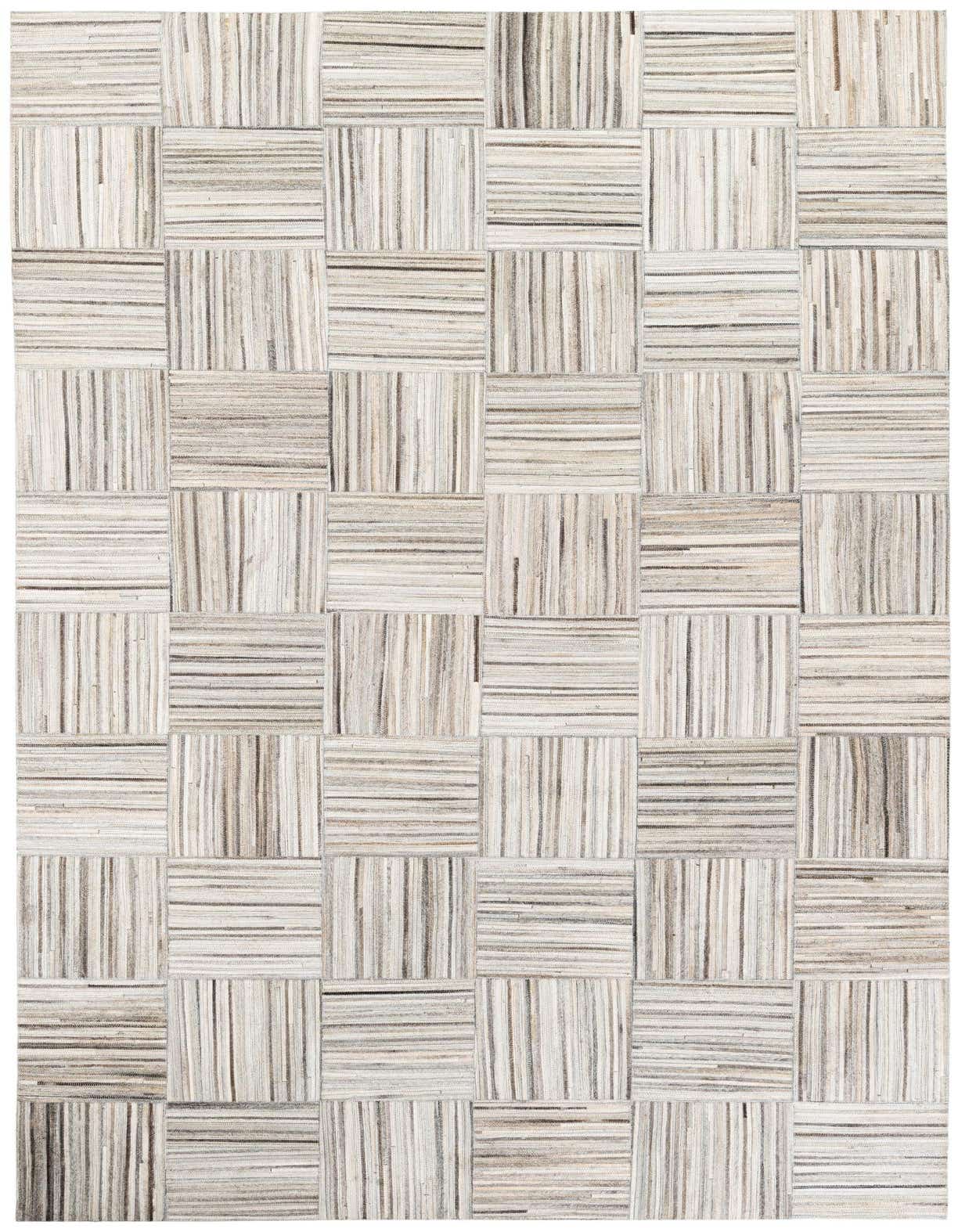 A 5x8 rectangular Cowhide Stocks rug in varying shades of gray and silver, featuring a modern checkerboard pattern of alternating horizontal and vertical strips.