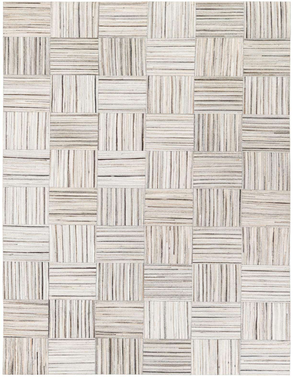 A 5x8 rectangular gray patchwork rug made from cowhide and leather, featuring a geometric block pattern with alternating horizontal and vertical strips.