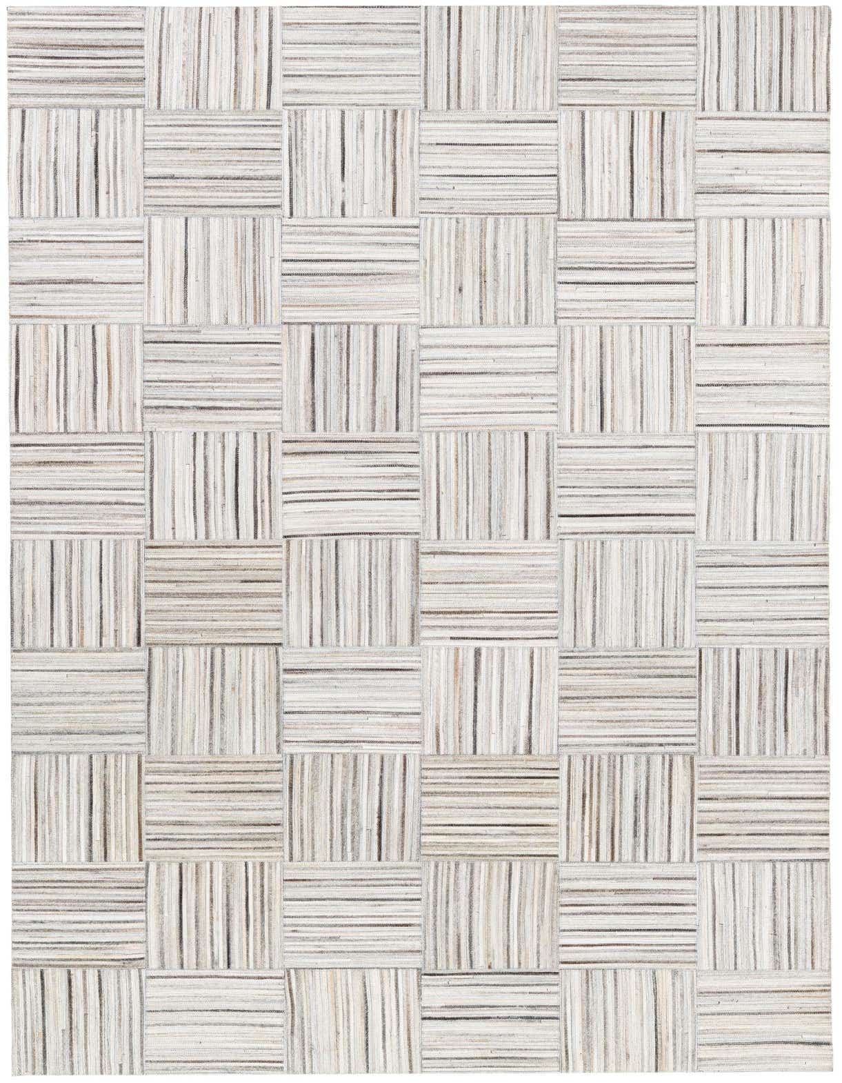 A 5x8 rectangular gray modern rug made from cowhide and leather, featuring a checkerboard pattern of alternating horizontal and vertical stripes.