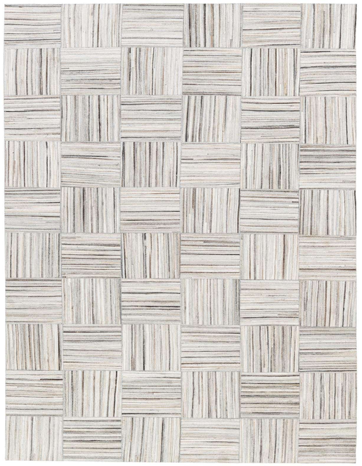 A 5x8 rectangular Cowhide Stocks rug by Rugs.com, featuring a Scandinavian stripe pattern in varied grays and silvers, ideal for a living room.