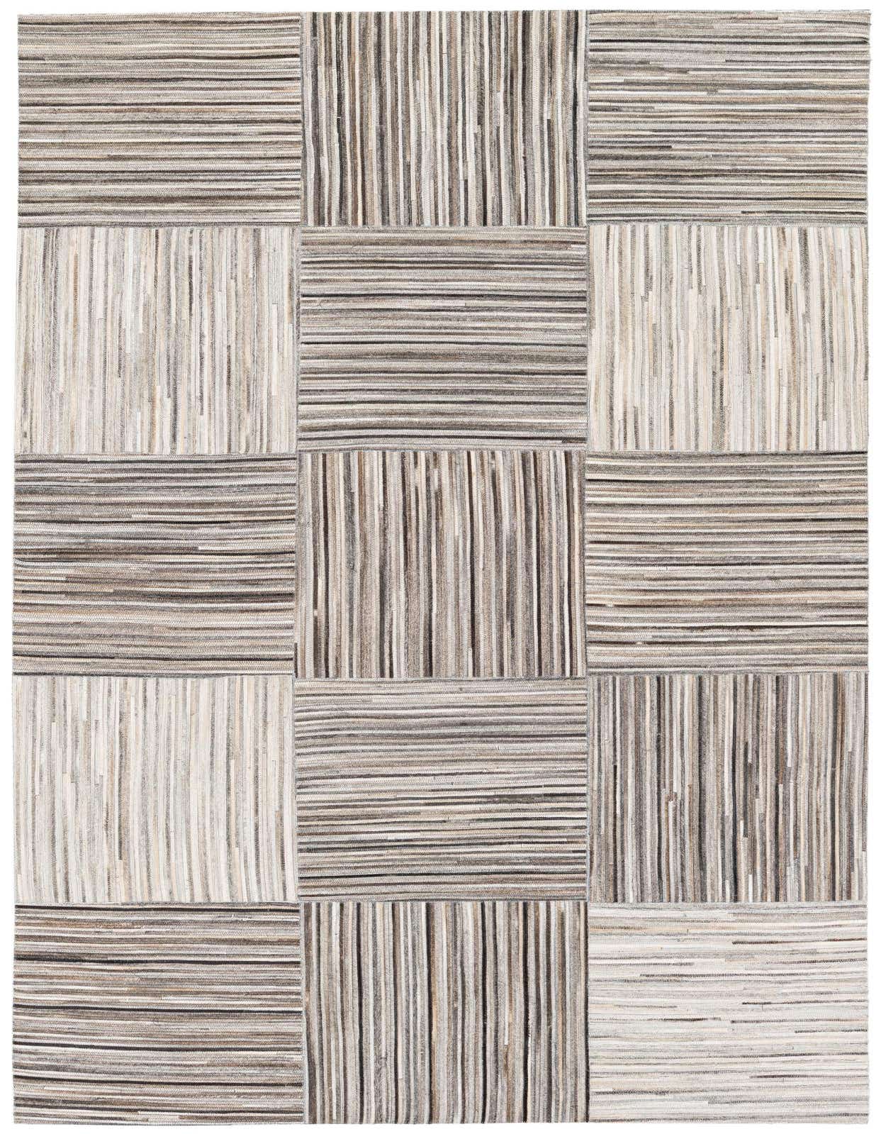 A 5x8 rectangular Cowhide Stocks rug by Rugs.com, featuring a modern gray and silver striped patchwork design.