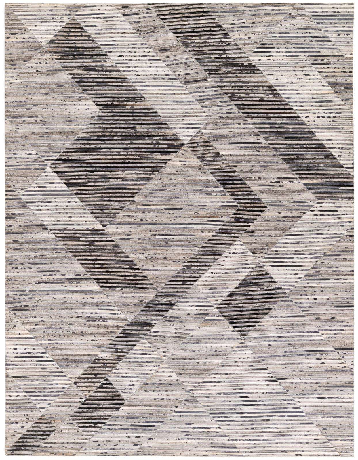 A 5x8 rectangular Cowhide Stocks rug in grays and silvers, featuring a modern geometric pattern of alternating horizontal stripes and solid diamond shapes.