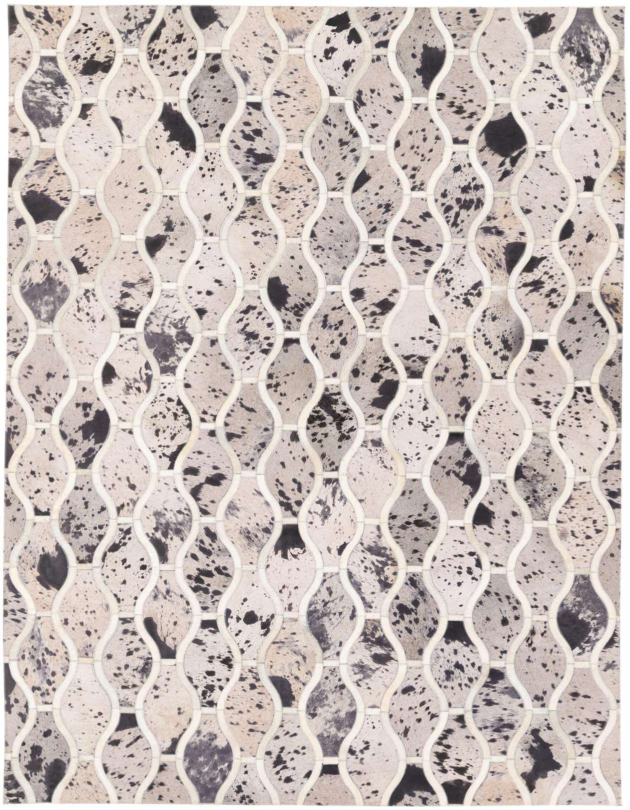A 5x8 rectangular Cowhide Stocks rug by Rugs.com, featuring a modern gray and silver speckled cowhide pattern with a wavy lattice design.