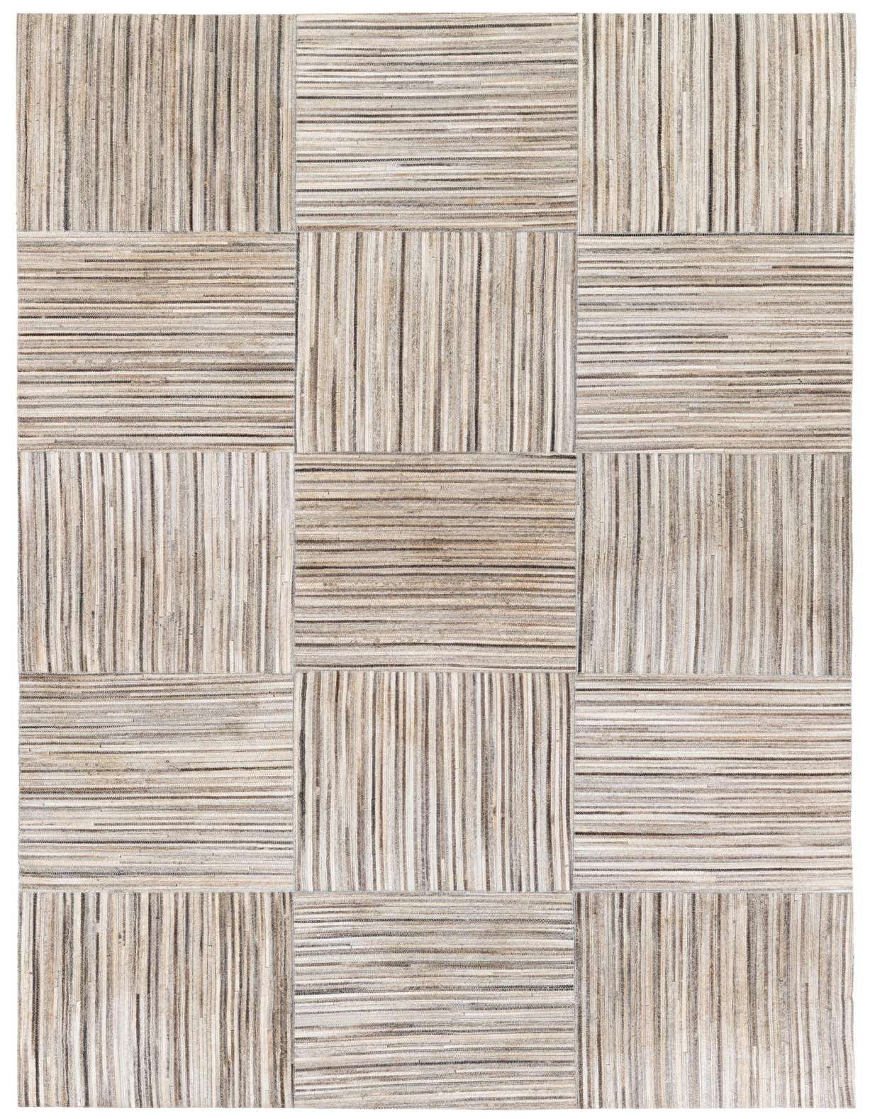A 5x8 rectangular Cowhide Stocks rug from Rugs.com featuring a modern striped pattern in varying shades of gray.