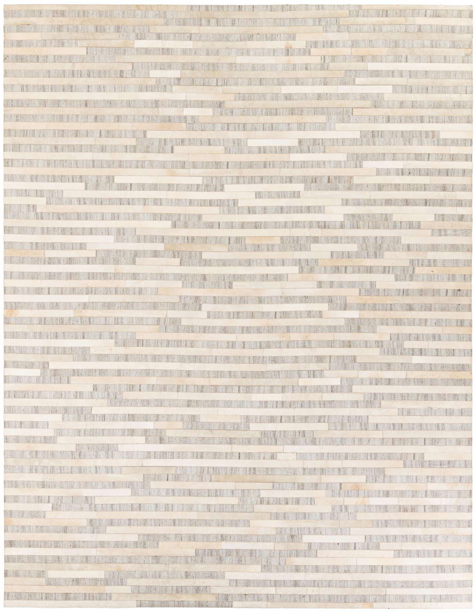 8x10 rectangular Cowhide Stocks rug by Rugs.com with a modern striped pattern in varying shades of gray and silver.