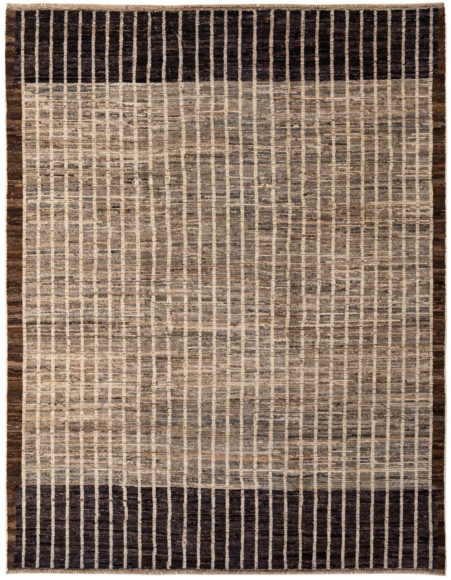 A rectangular 8x10 Darya Collection wool rug featuring a modern gray grid pattern with dark brown borders.