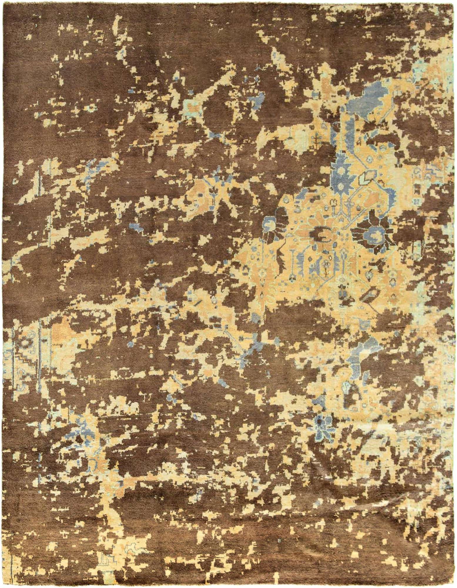 A large 12x15 rectangular Darya rug with a modern abstract pattern in grays, silvers, and hints of gold on a dark brown background.