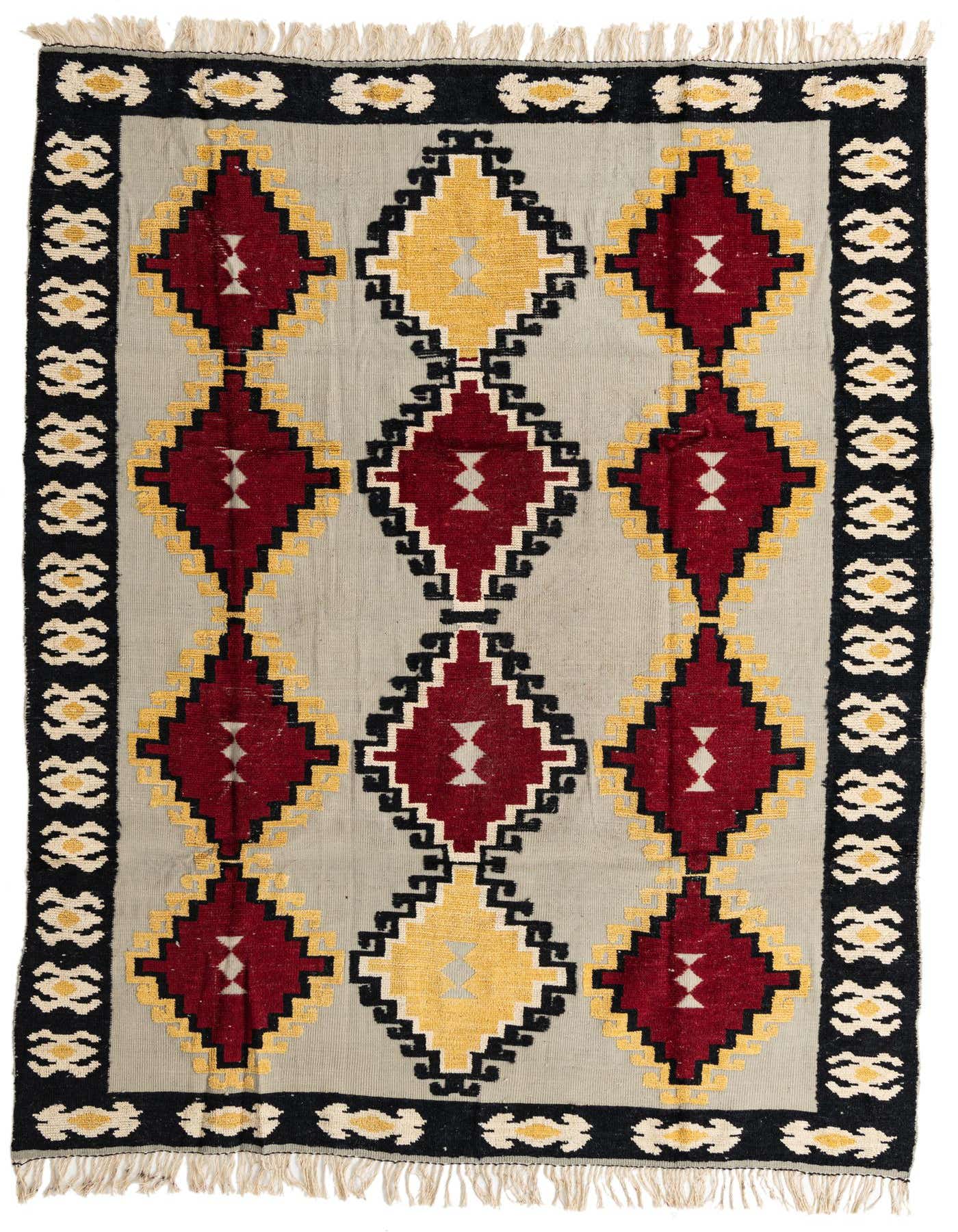 A rectangular 8x10 Darya rug with a modern abstract pattern in gray, red, yellow, and black, featuring diamond motifs and a decorative border.