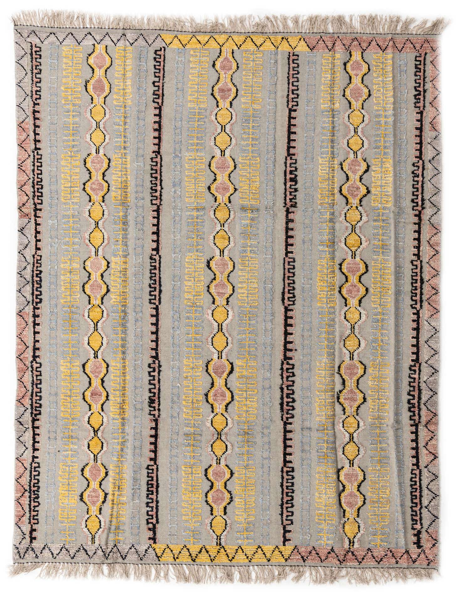 A rectangular 8x10 Darya rug with a textured gray base, featuring modern Oriental patterns in yellow, light blue, pink, and black, with fringed ends.