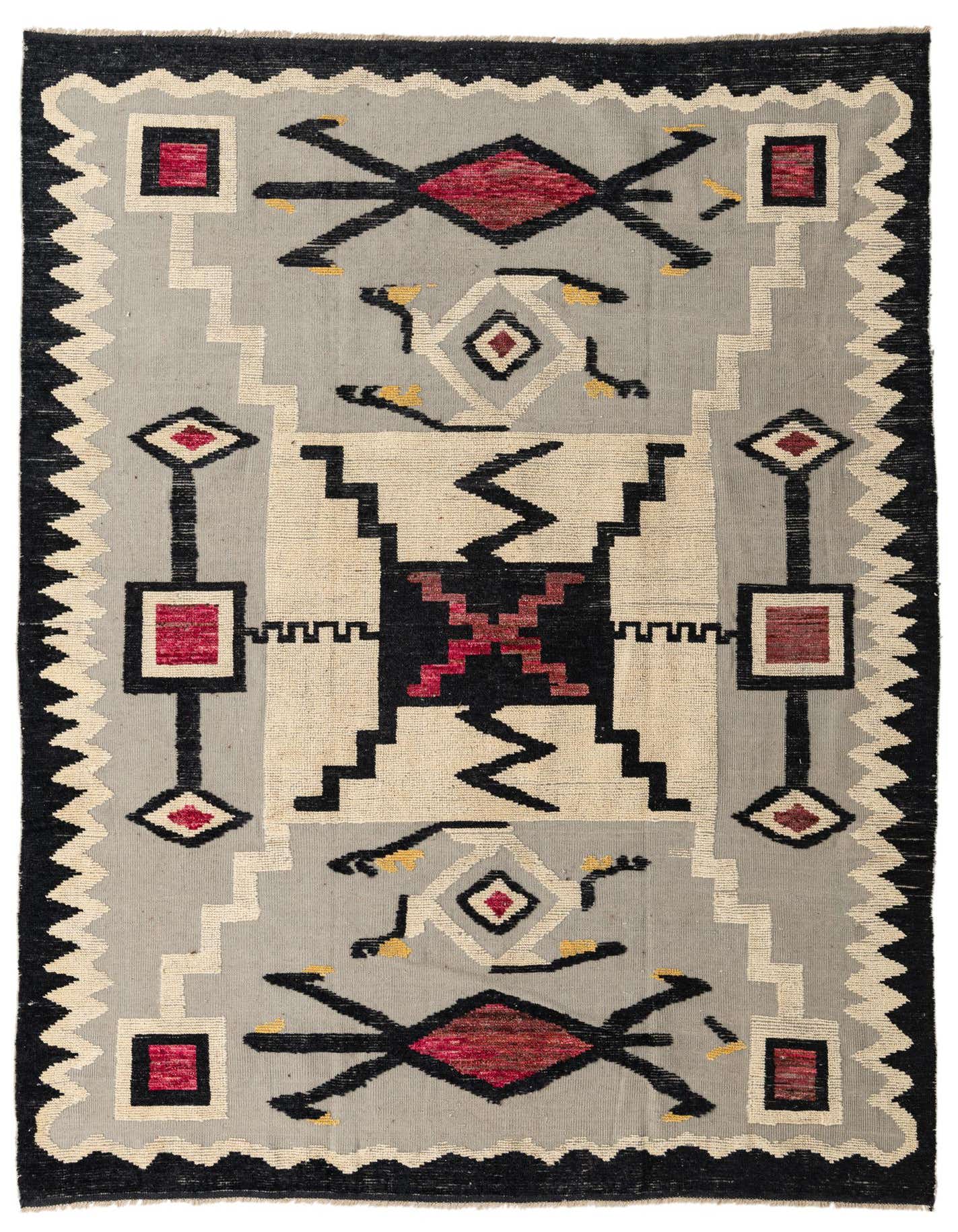 A rectangular 8x11 gray wool rug with a modern abstract pattern featuring black, cream, and deep red geometric shapes, suitable for a living room.