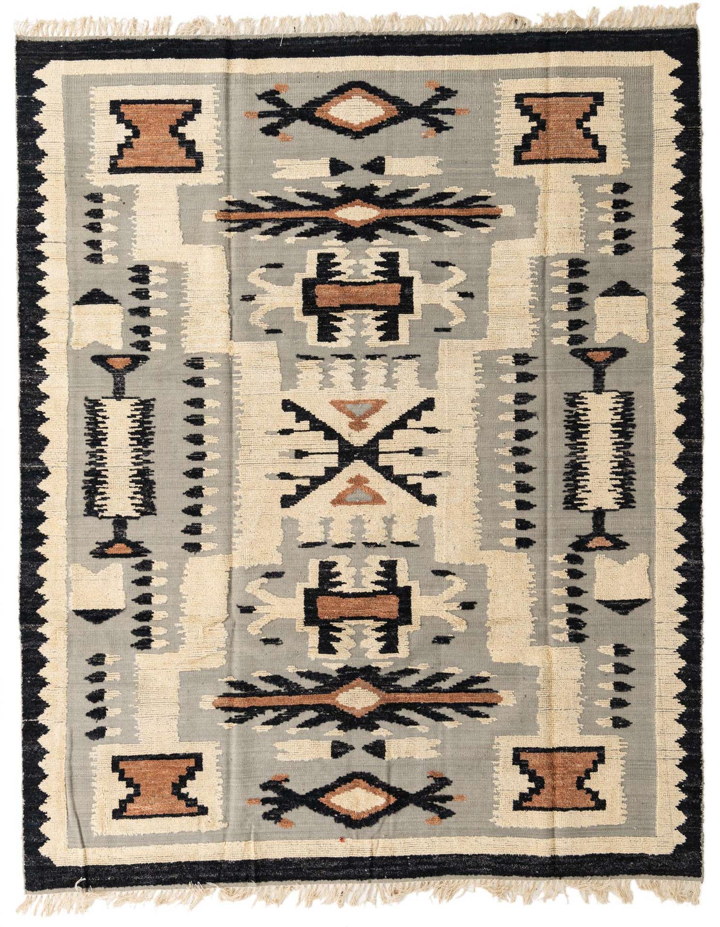 A rectangular 8x10 Darya rug with a modern abstract pattern in grays, off-white, black, and brown.