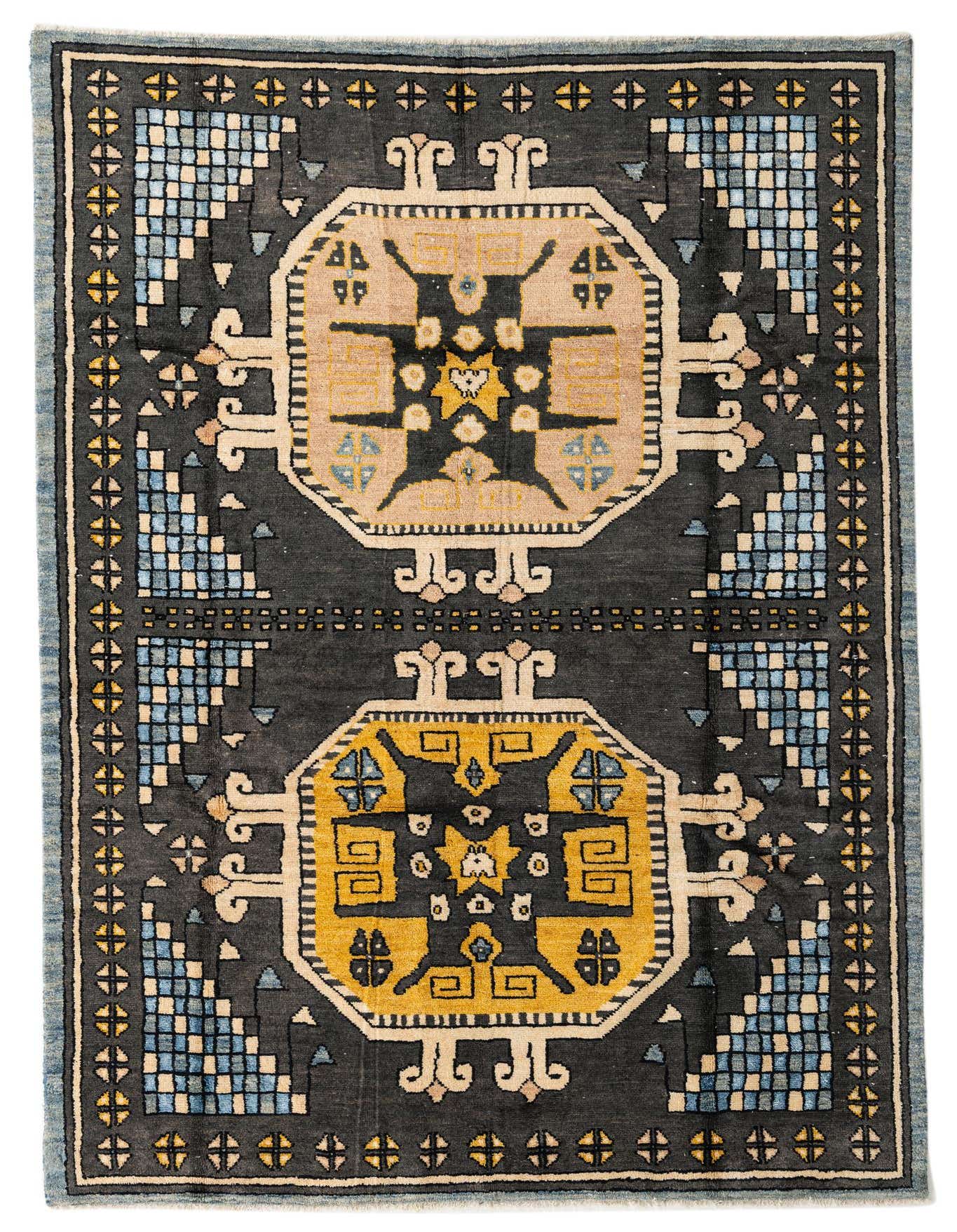 A 6x9 rectangular Darya rug with a modern medallion pattern in grays, silvers, light blue, and gold, featuring a high pile.