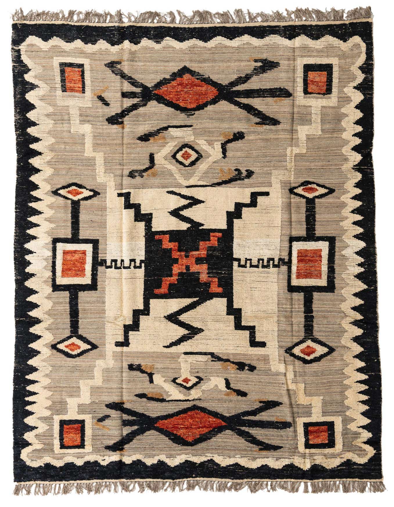 A rectangular 8x11 Darya rug by Rugs.com, featuring a modern abstract pattern in grays, black, cream, and rust orange, with a high pile and fringed edges.