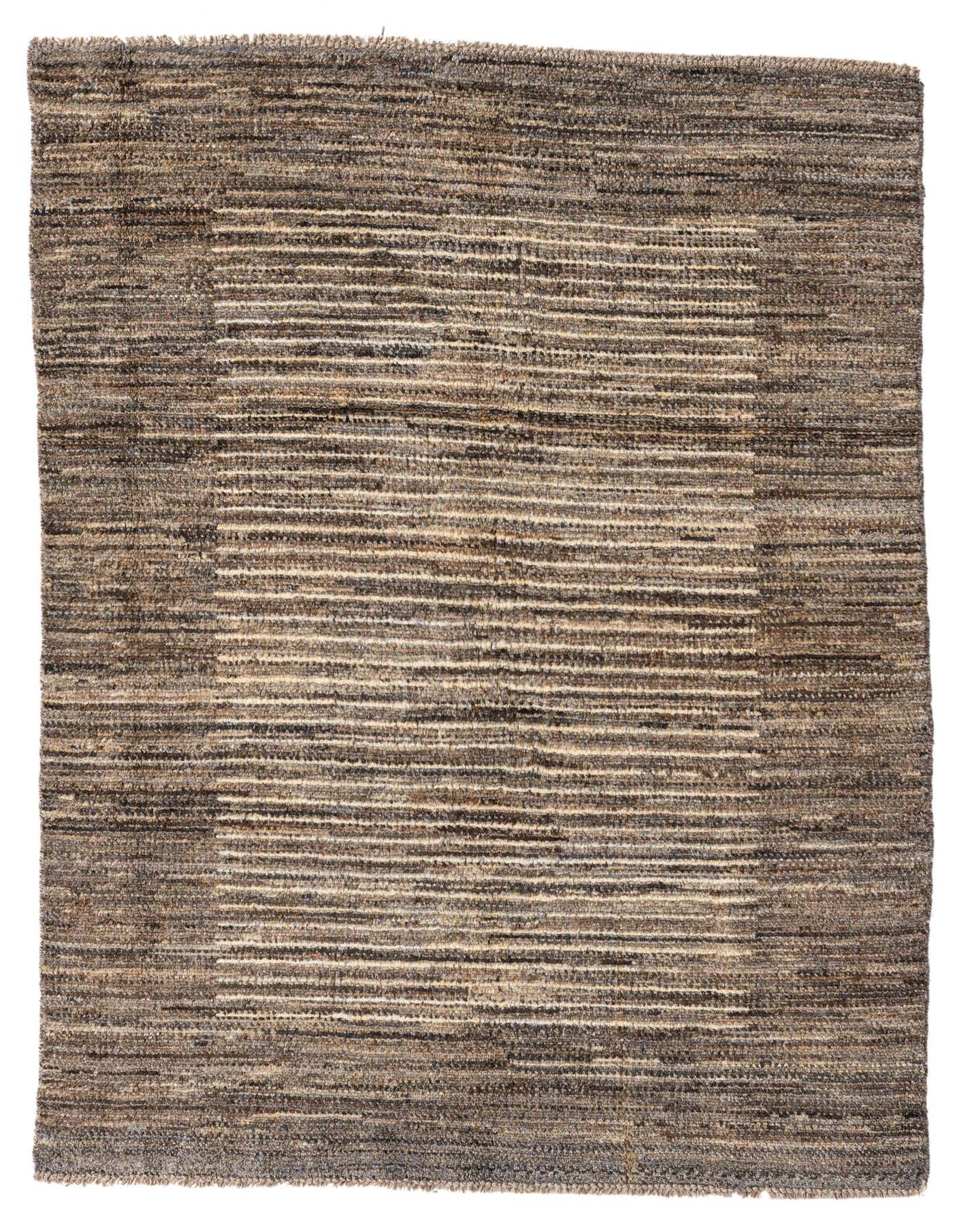 A 4x6 rectangular Darya wool rug in shades of gray and silver, featuring a modern striped pattern with a high pile.