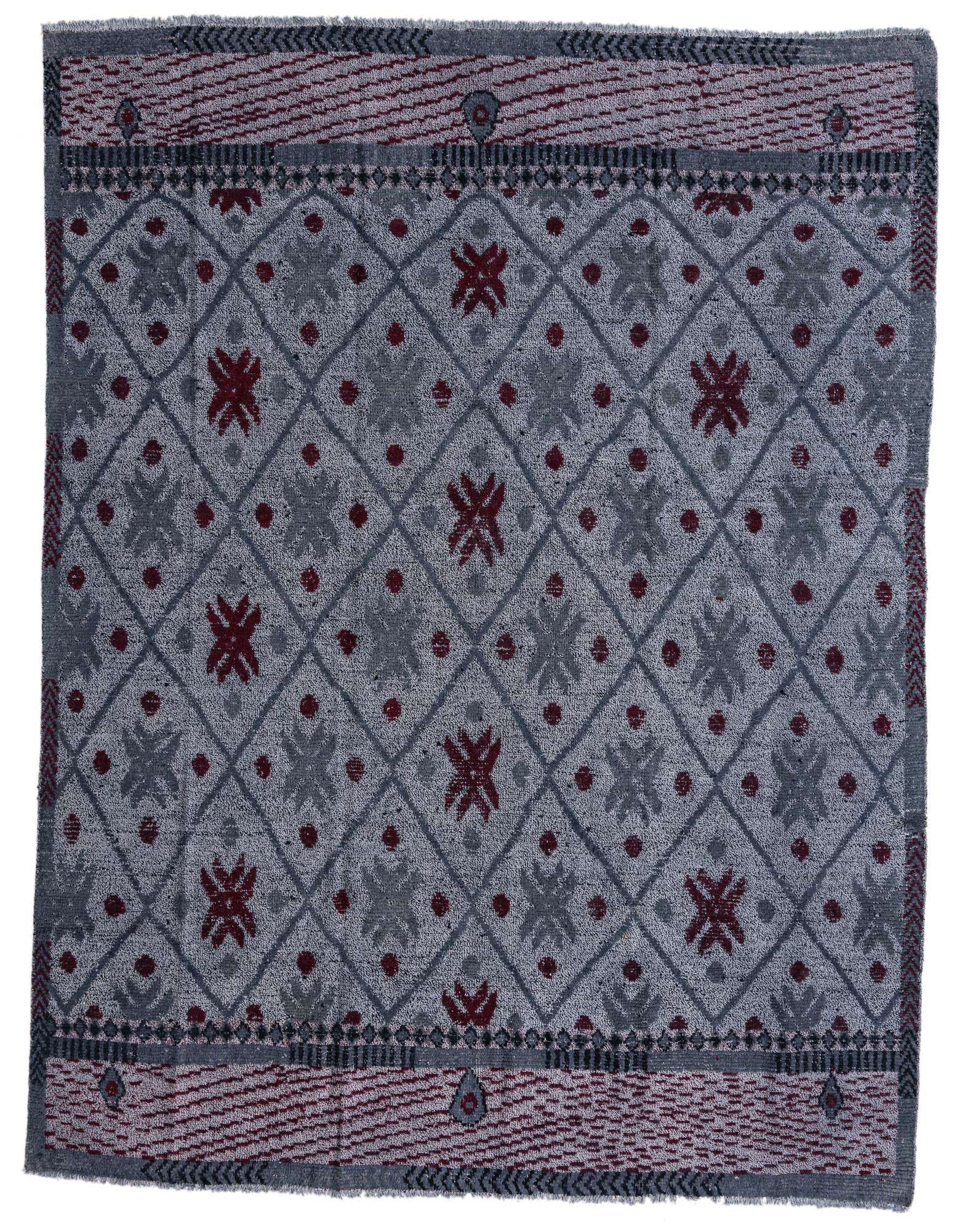 An 8x10 rectangular gray wool rug with a modern oriental pattern featuring abstract shapes and red accents.