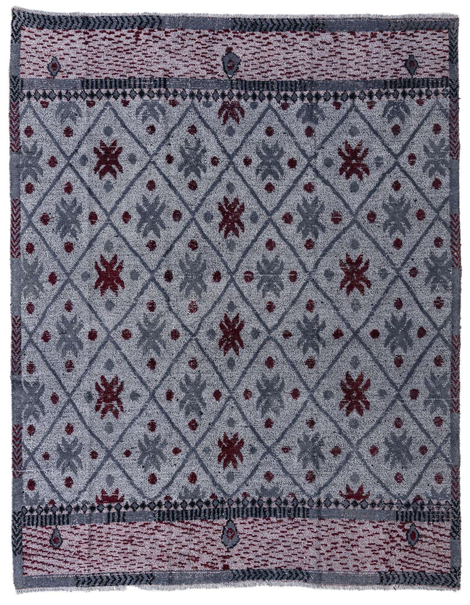 An 8x10 rectangular gray wool rug with a modern oriental abstract pattern featuring maroon and dark gray accents.