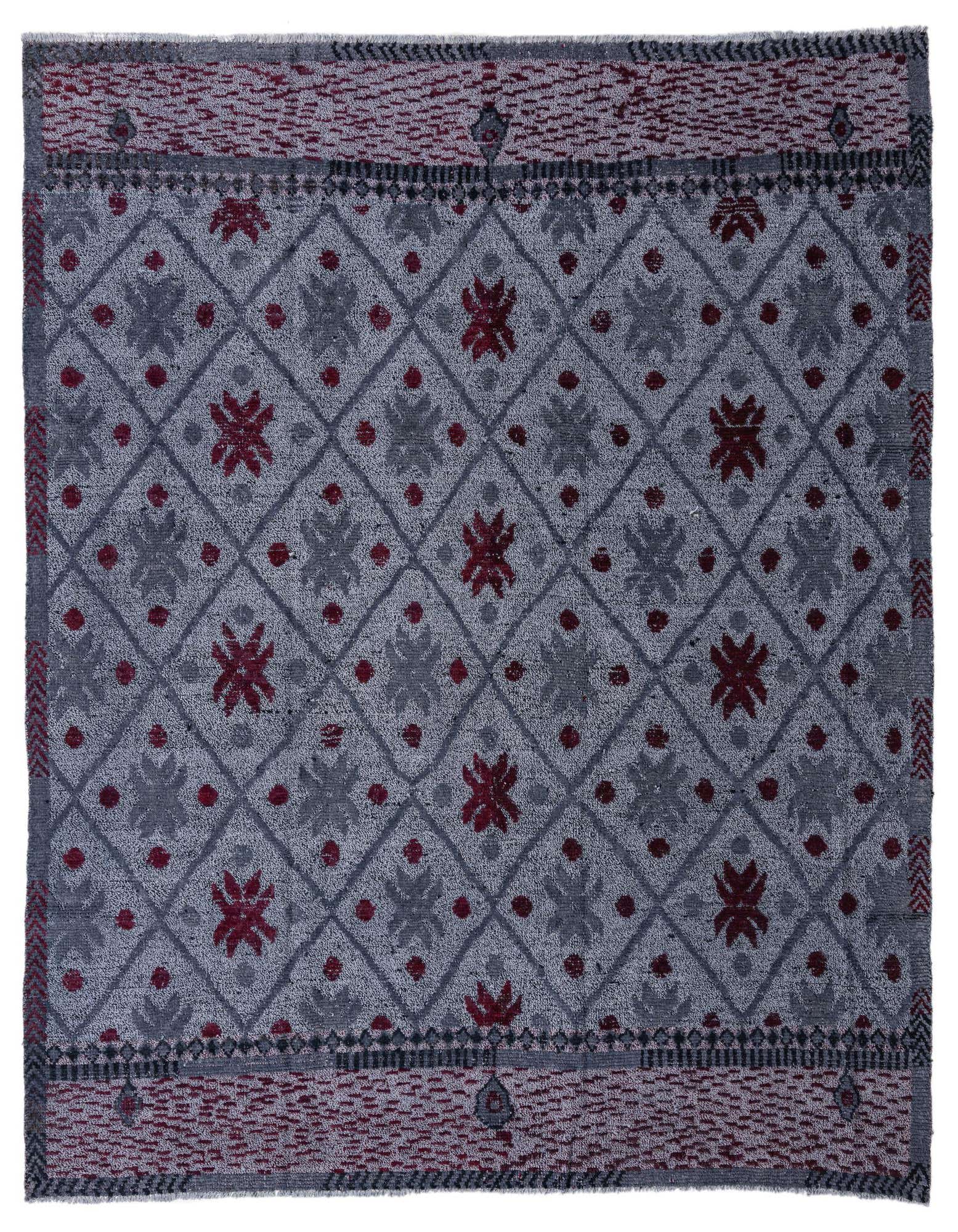 A rectangular 8x10 gray wool rug with a modern oriental abstract pattern, featuring gray and deep red floral motifs within a diamond lattice.