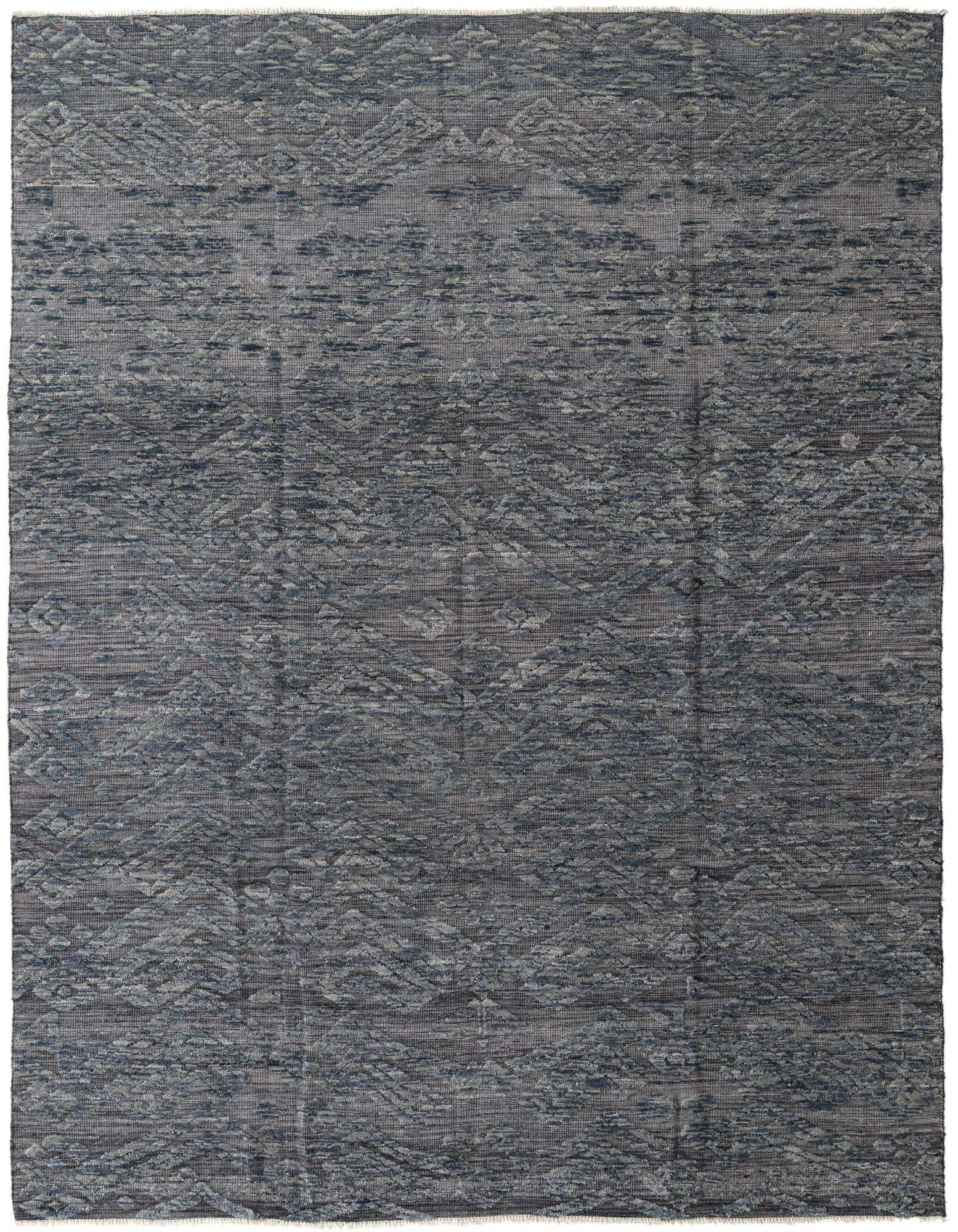 A rectangular 8x11 gray wool area rug with a modern abstract pattern and high pile, suitable for a living room.