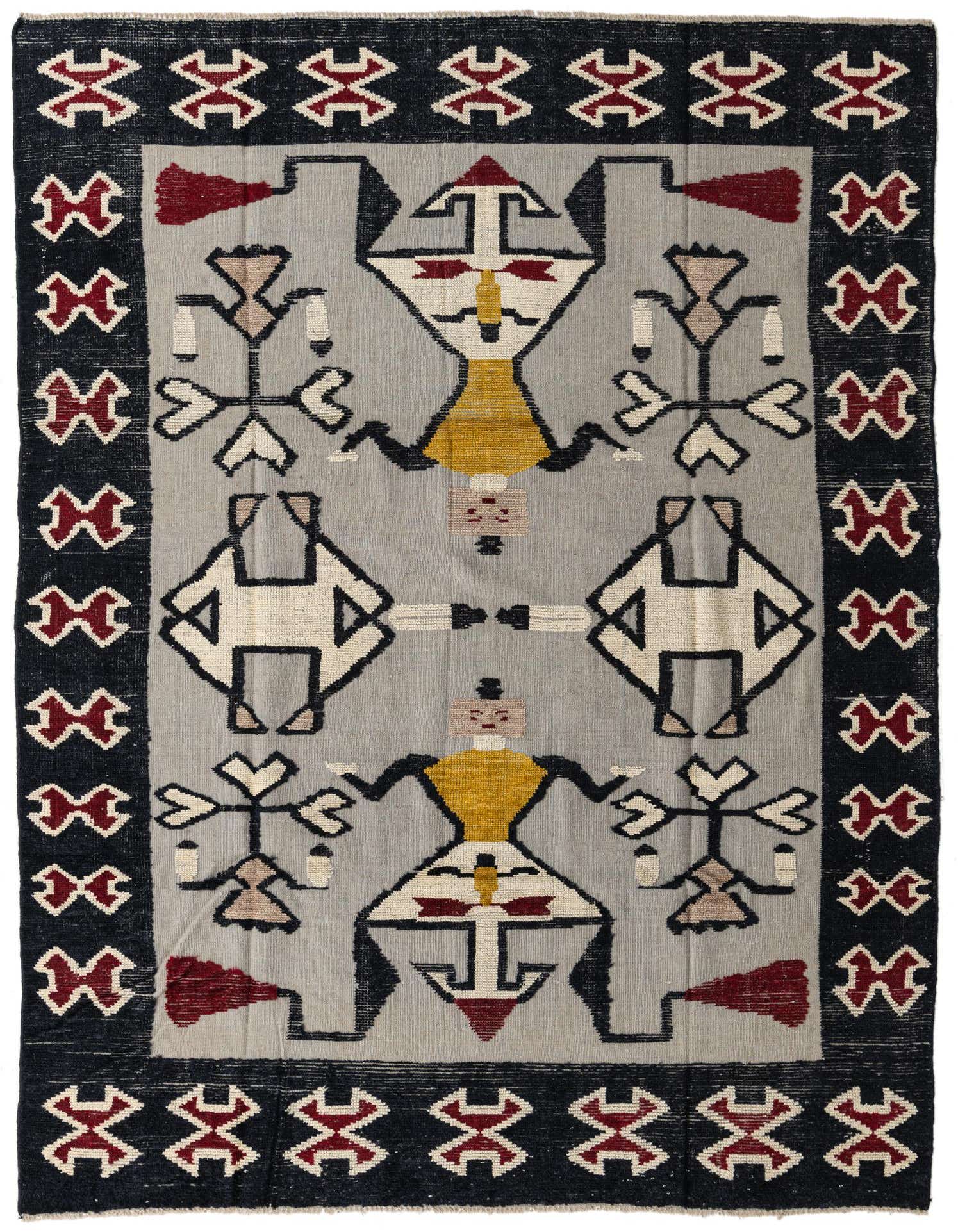 A rectangular 8x10 Darya Collection wool rug featuring a modern abstract pattern in grays, silvers, black, red, and gold.