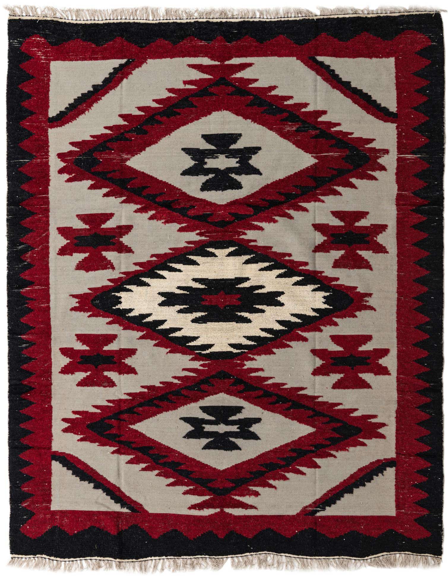 A rectangular 8x10 Darya rug in grays, red, and black with a modern medallion pattern, suitable for a living room.