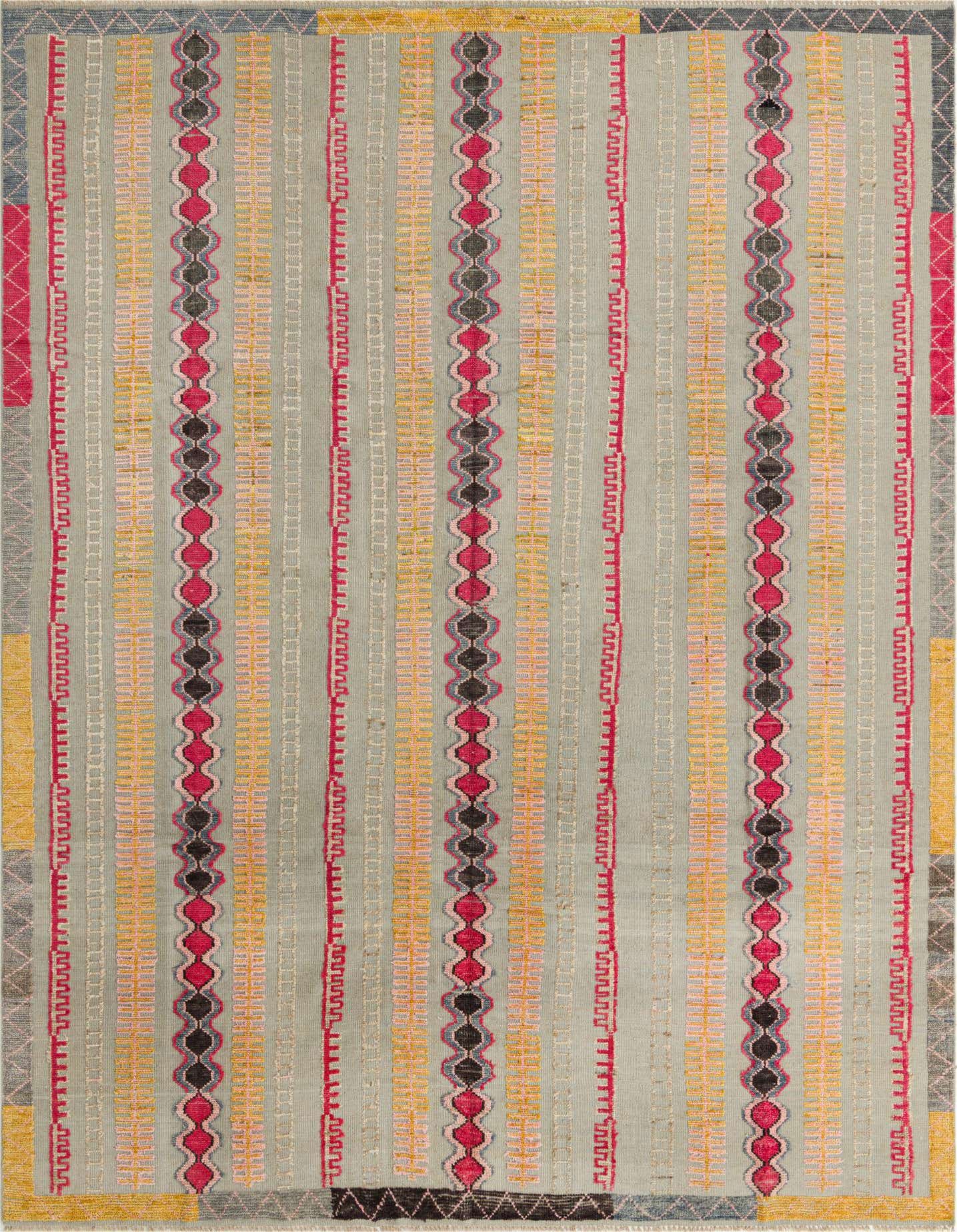 A 9x12 rectangular Darya rug with a modern abstract pattern featuring vertical stripes in gray, pink, yellow, and black.