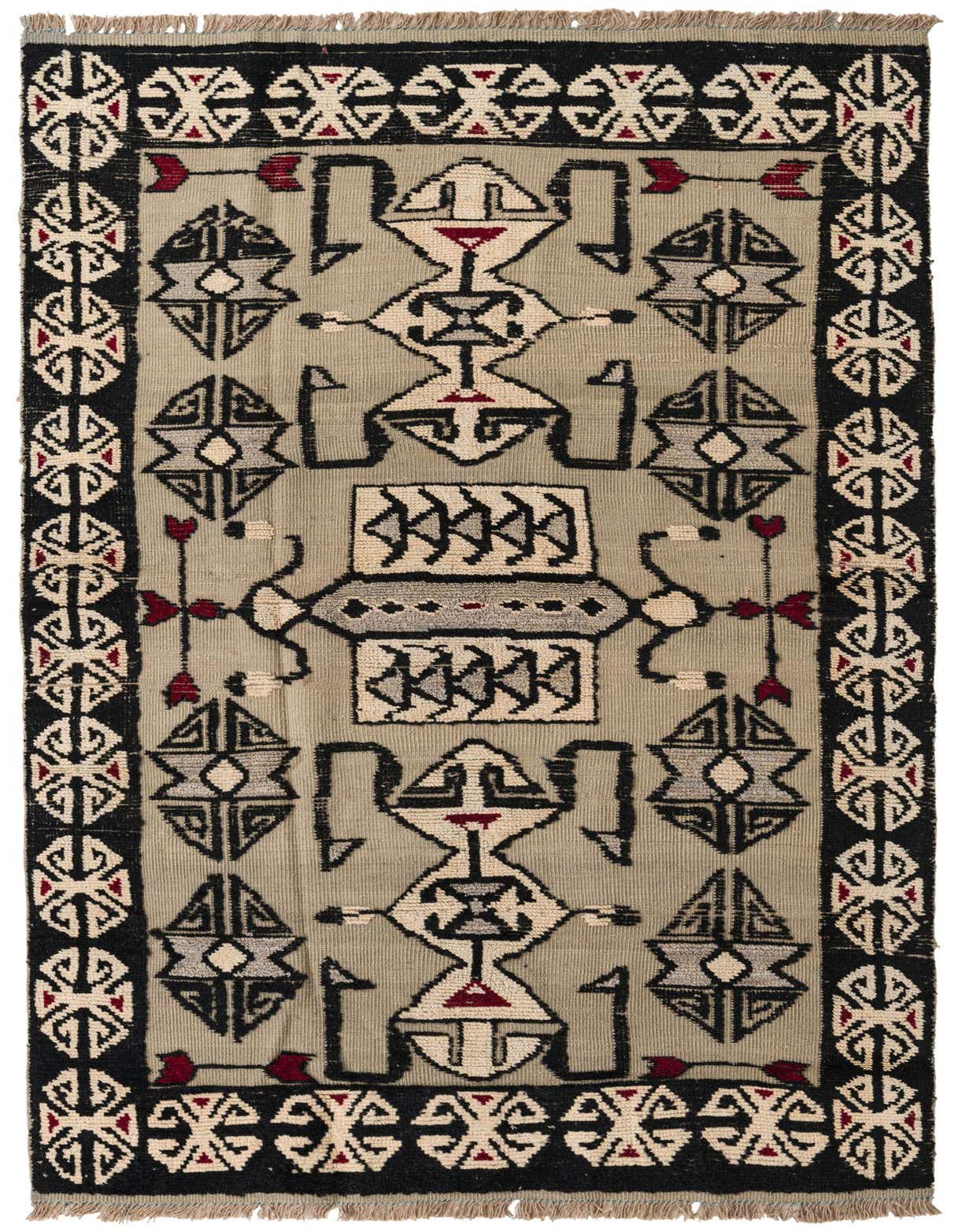 A 5x8 rectangular Darya rug with a modern abstract pattern in shades of gray, black, cream, and hints of red, featuring geometric shapes and tribal motifs.