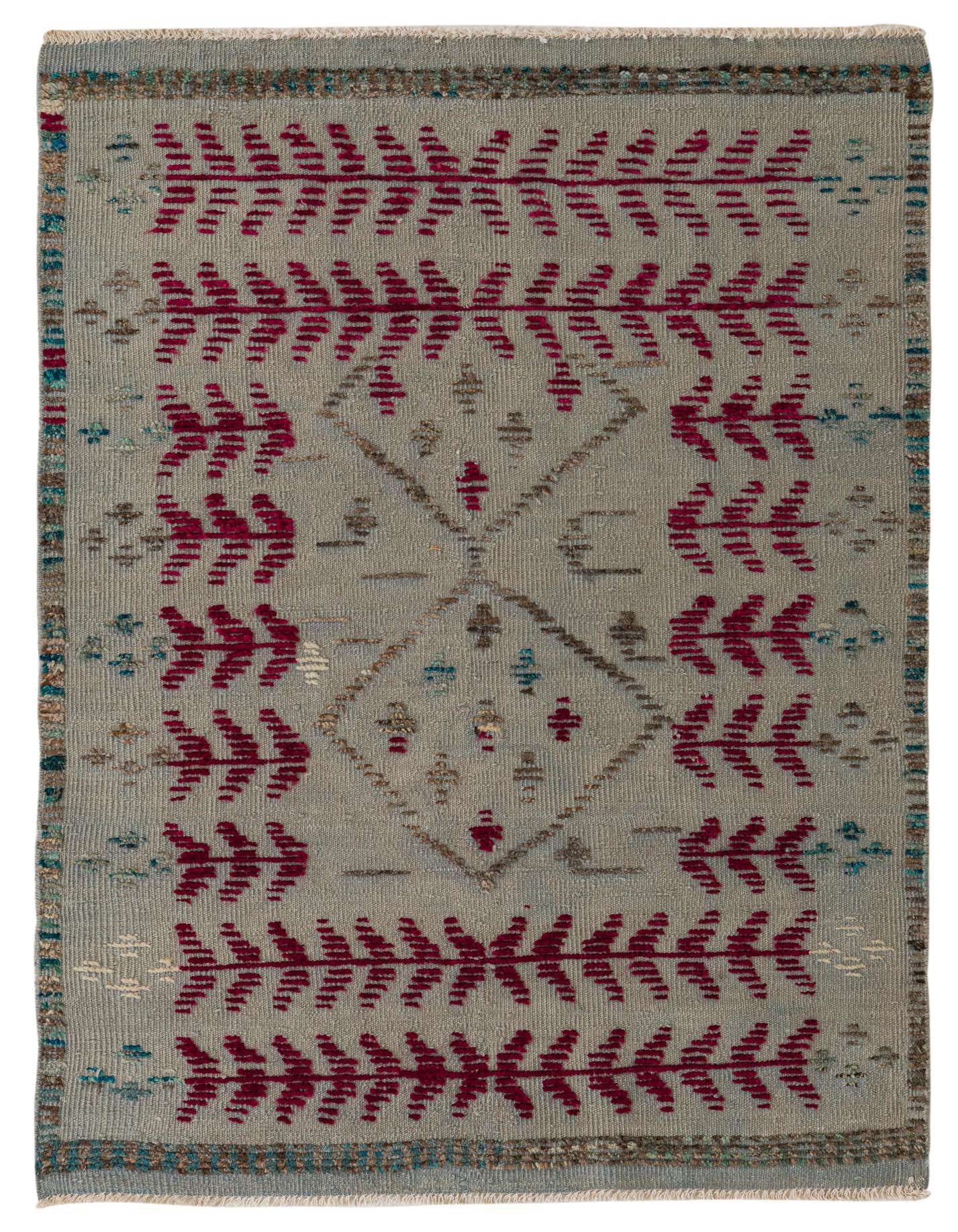A 4x6 rectangular gray wool rug with a modern pattern of red leaf-like motifs and subtle geometric accents.