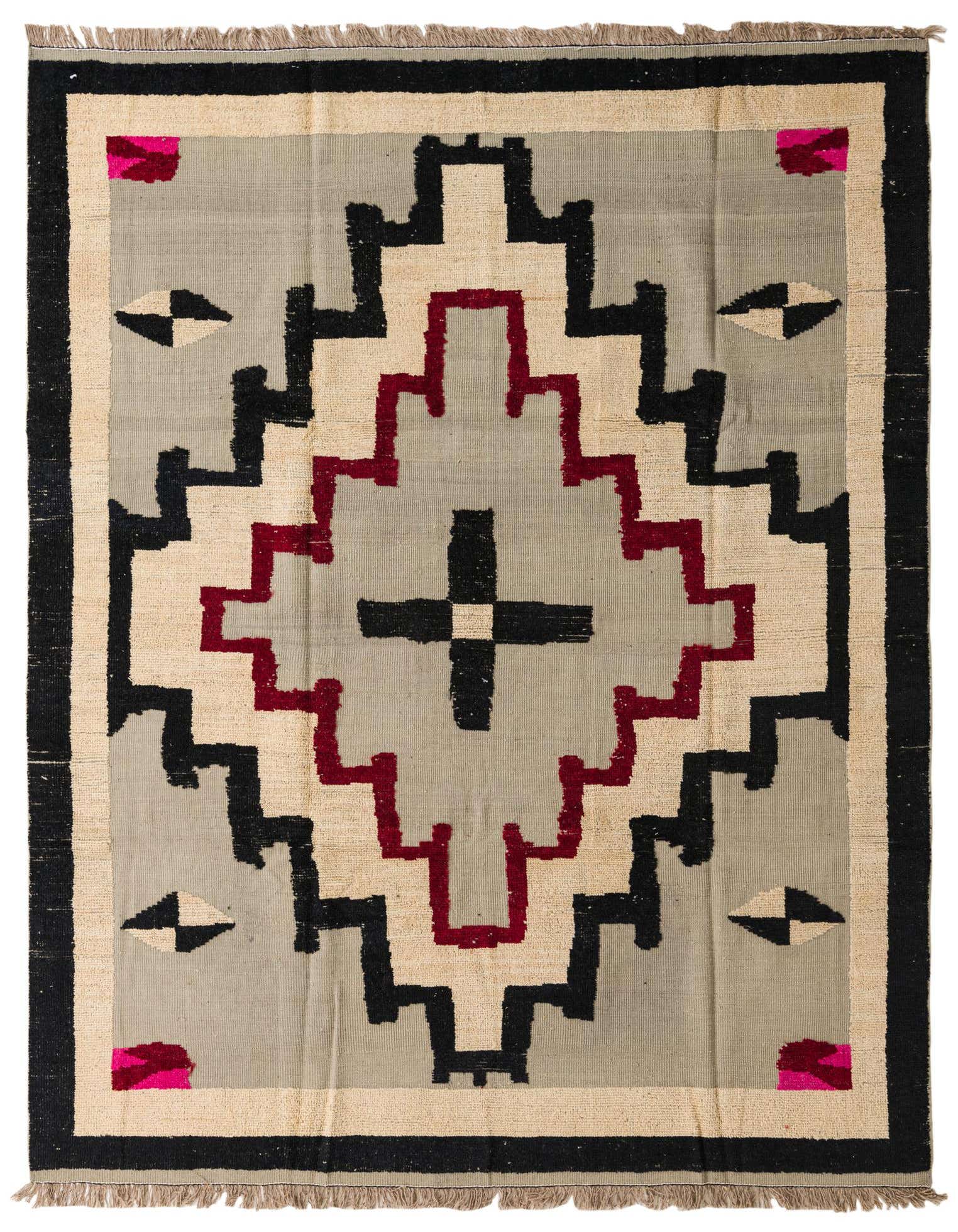 A handmade 8x11 rectangular Darya rug with a modern medallion pattern in gray, black, cream, and magenta.