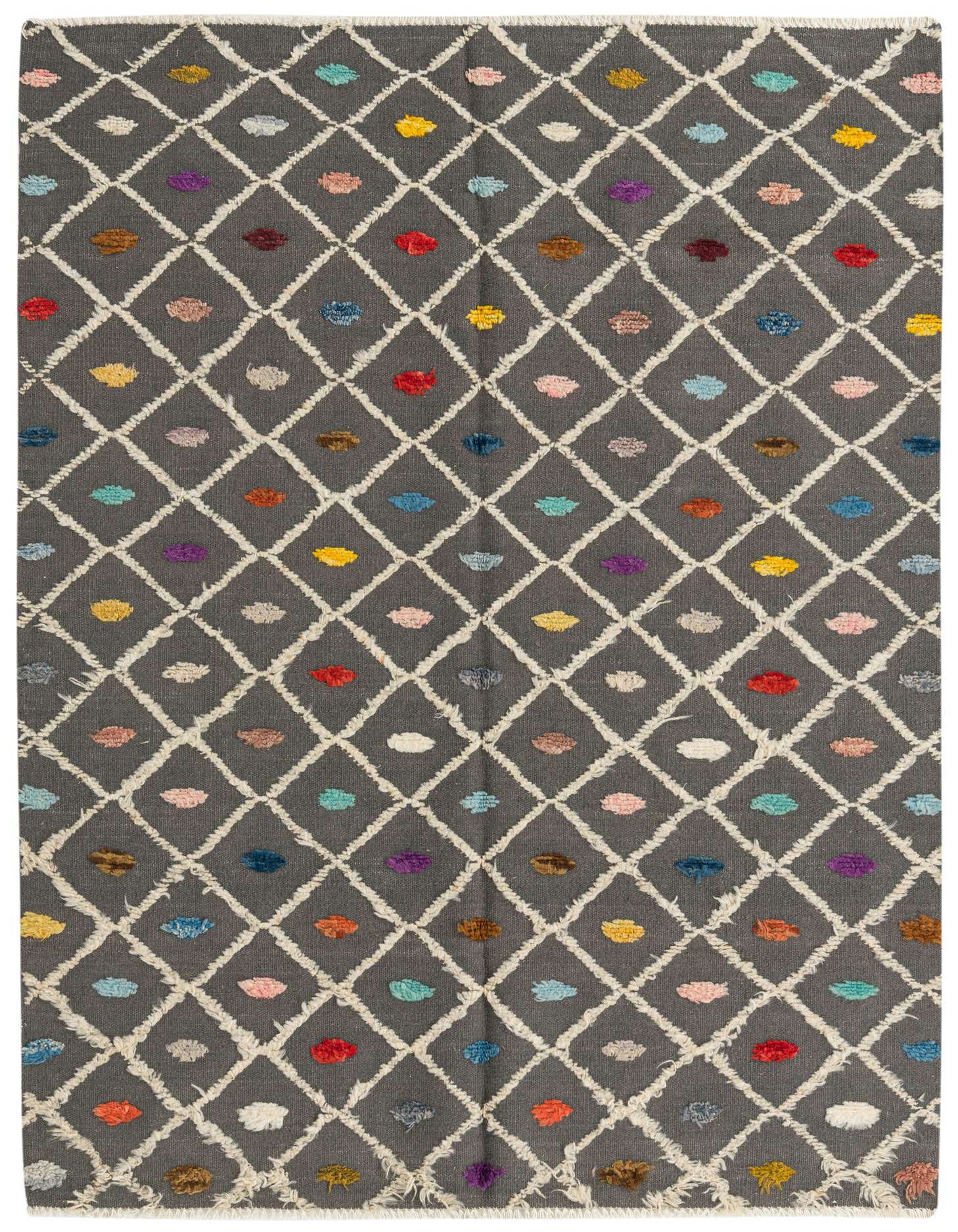 A 5x8 rectangular Darya rug in gray wool with a modern diamond pattern and colorful abstract dots.
