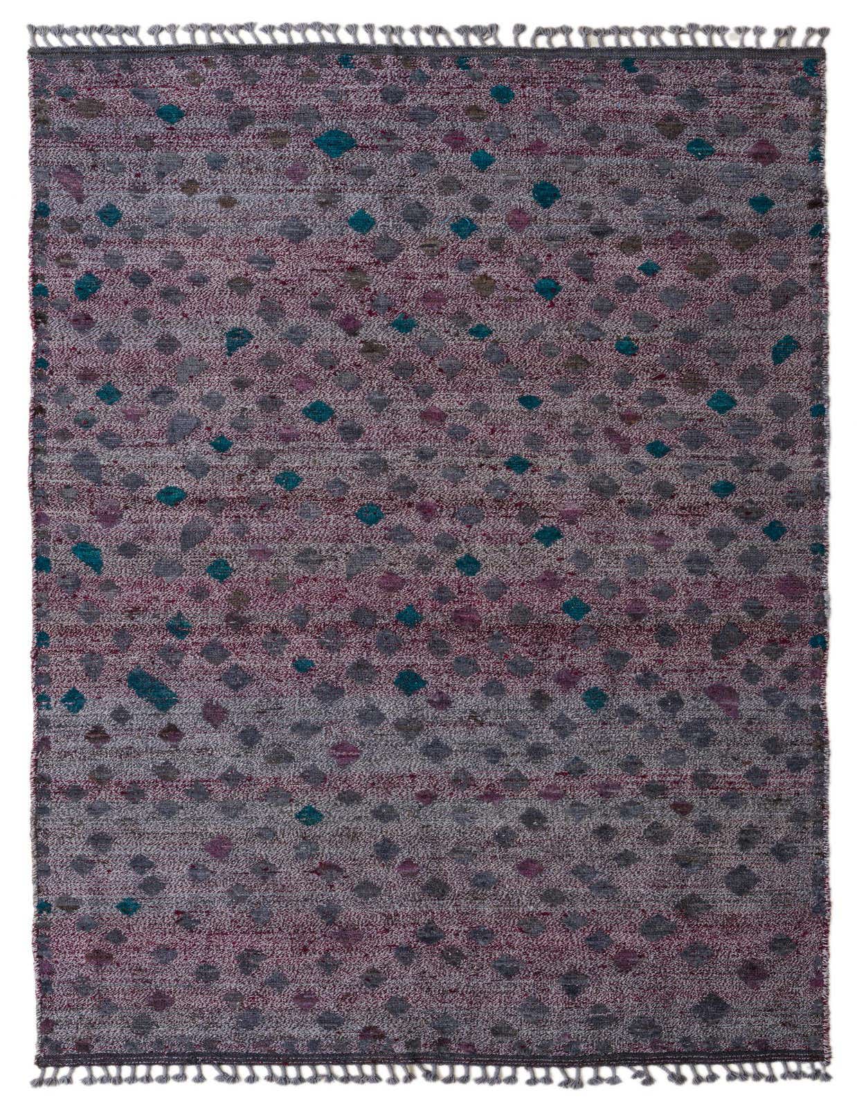 A 7x10 rectangular Darya wool rug featuring a modern abstract pattern of gray, purple, and teal diamond shapes with fringed ends.