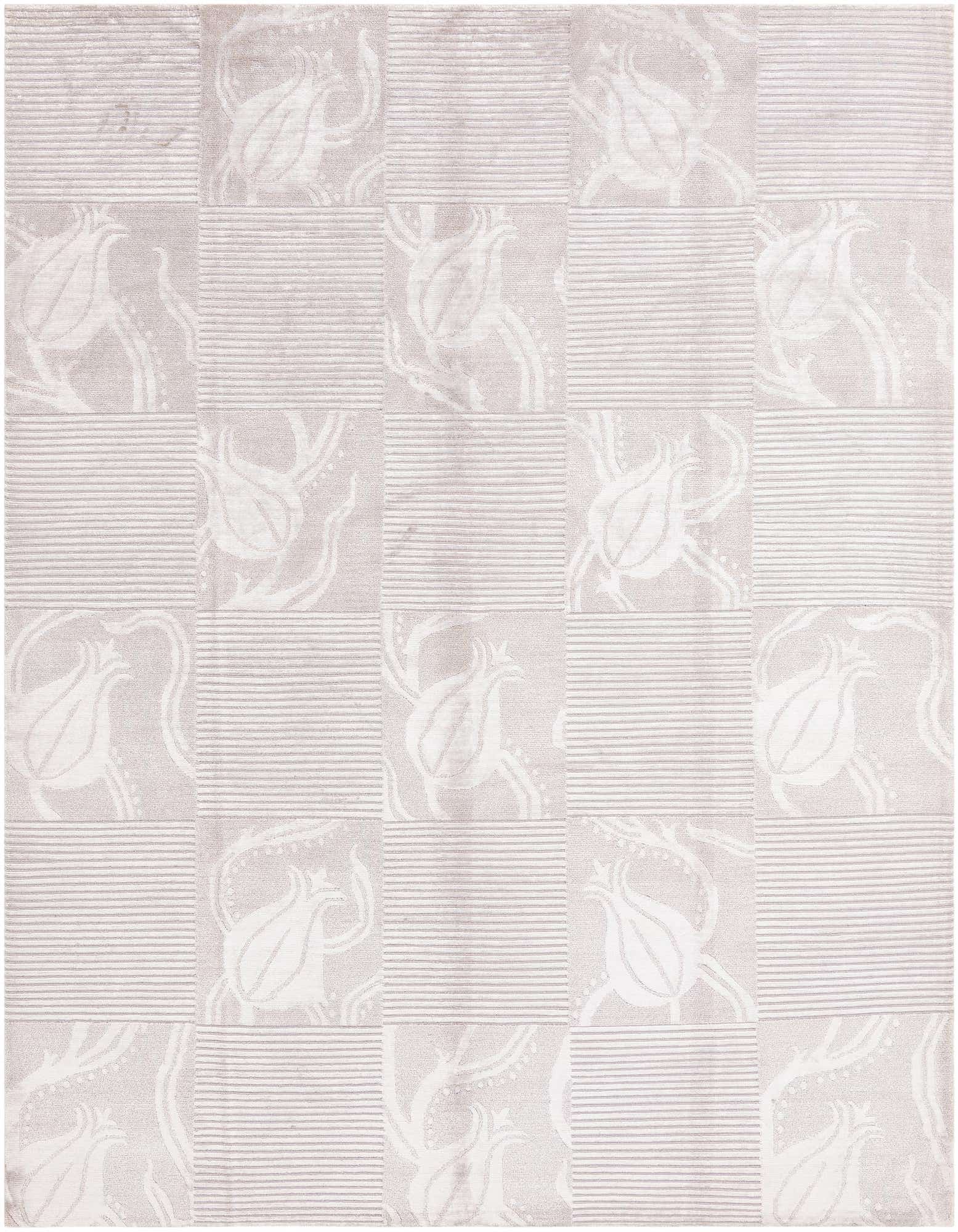 8x10 rectangular Darya Collection rug in grays and silvers, featuring a modern oriental pattern of alternating floral and striped squares.