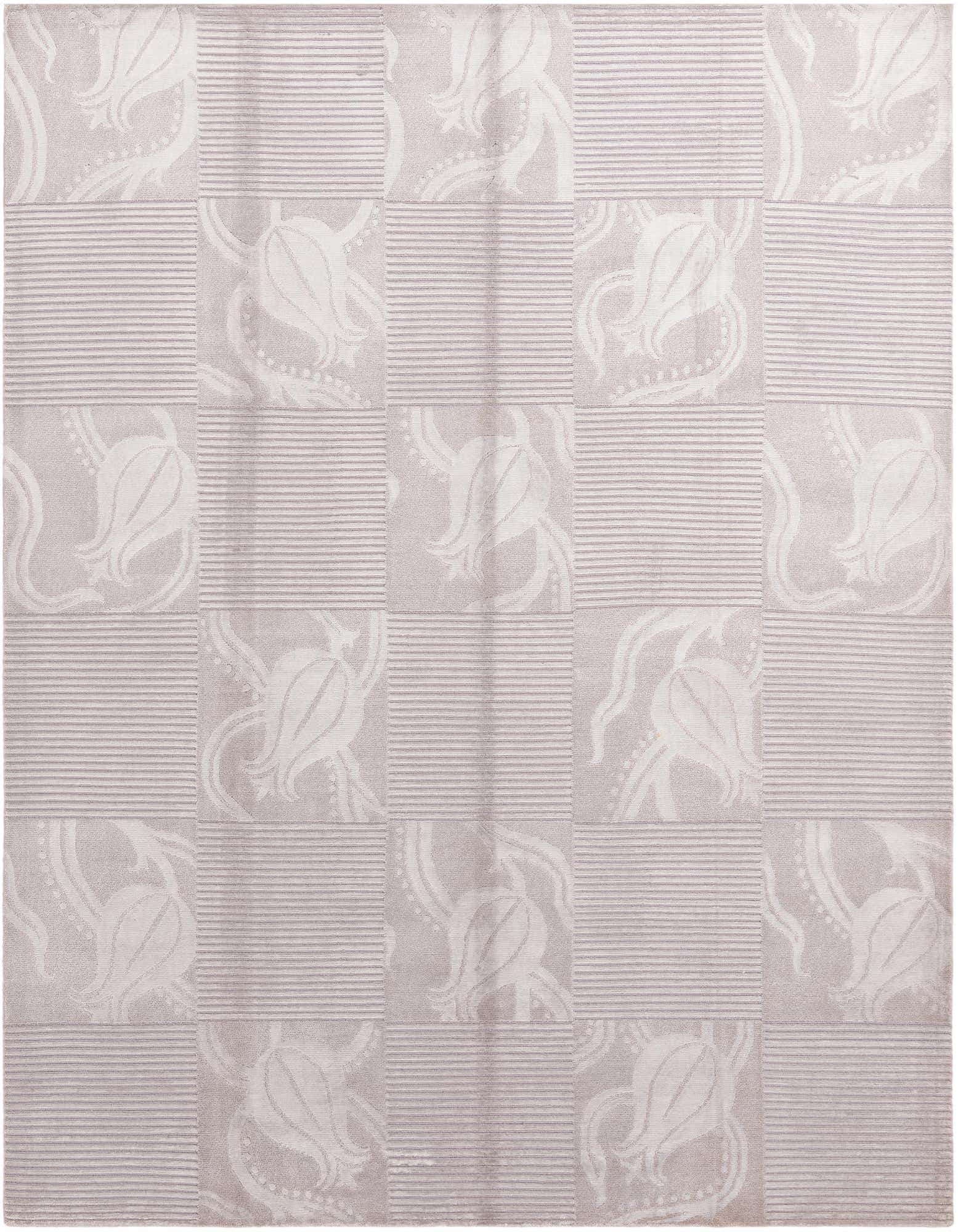 A rectangular 8x10 gray wool rug with a modern oriental pattern of alternating floral and striped squares.