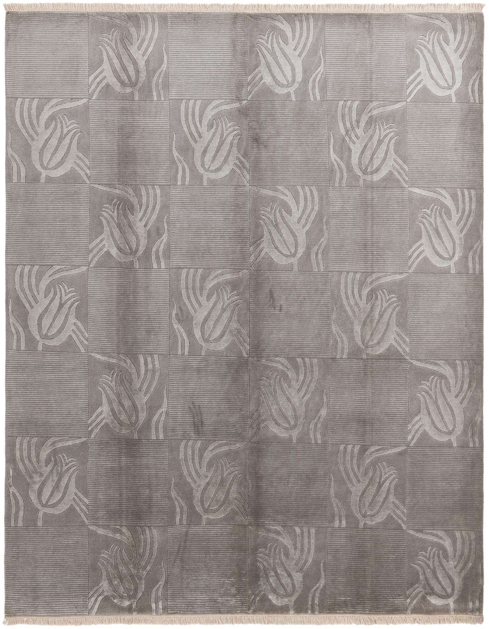 An 8x10 rectangular gray wool rug featuring a modern oriental pattern of alternating striped and floral-like tulip squares.