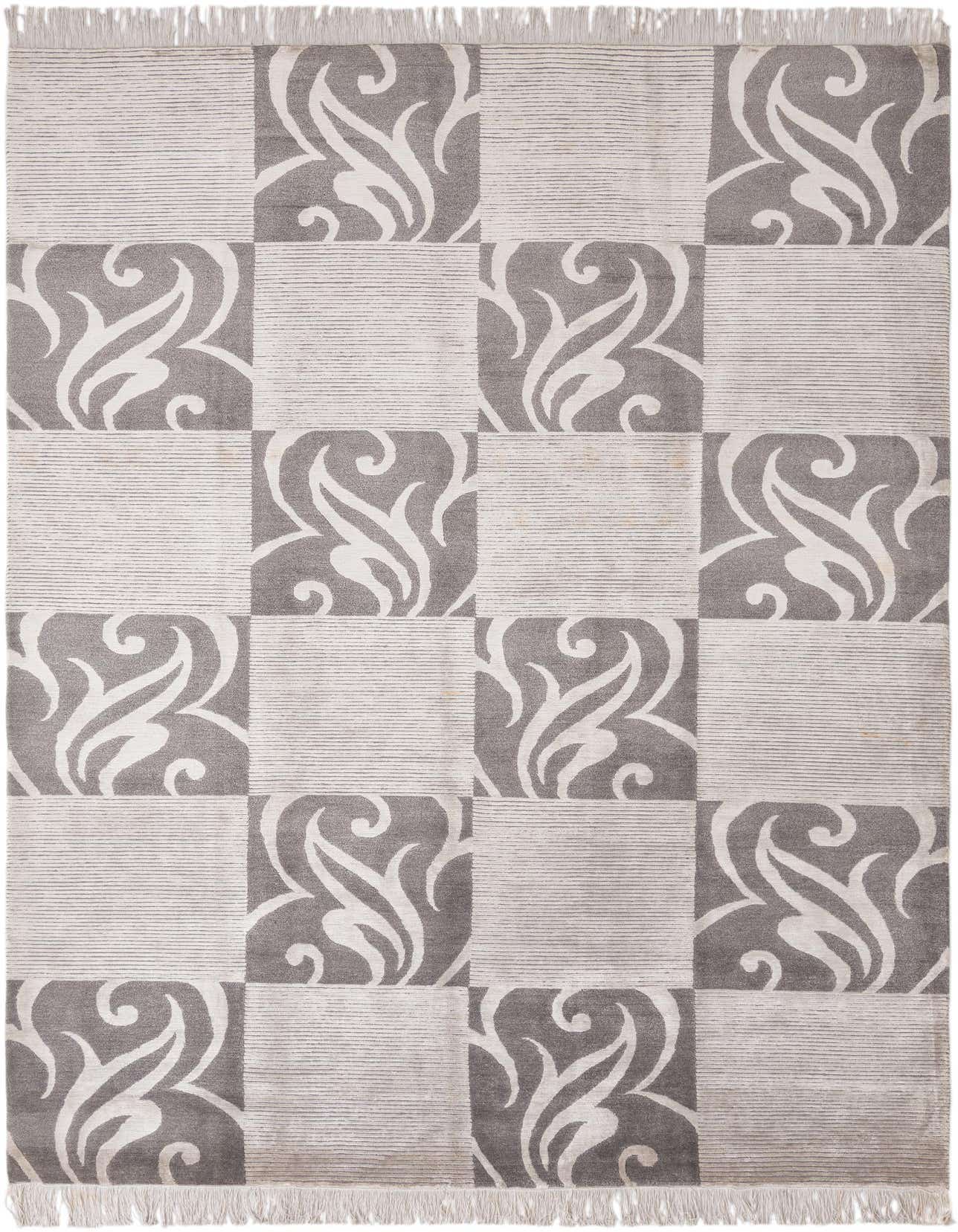 A 7x10 rectangular Darya rug with a modern gray and silver checkered pattern, featuring ornate oriental swirls in alternating squares.