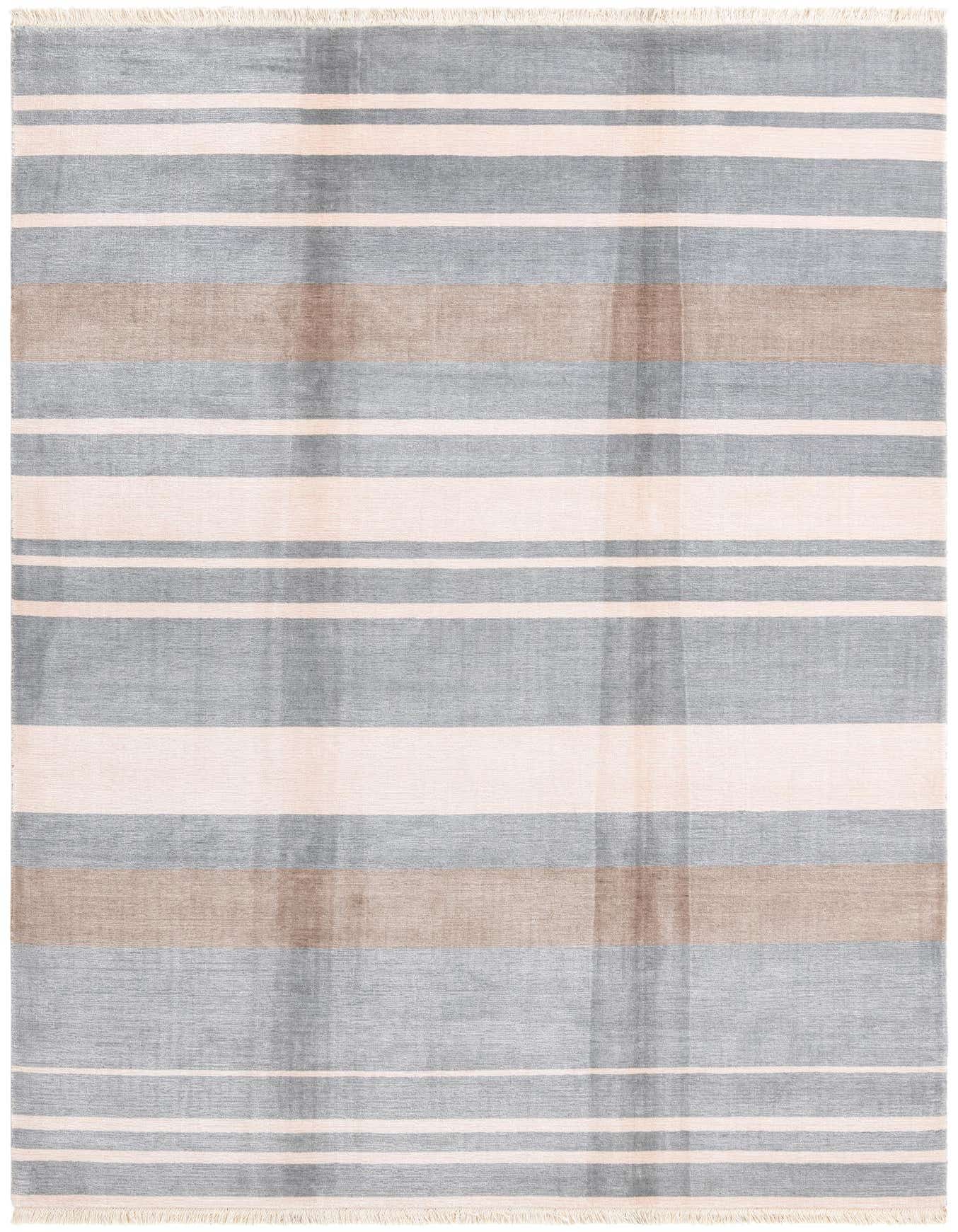 7x10 rectangular Darya rug with varying horizontal stripes in shades of gray, silver, and light beige.