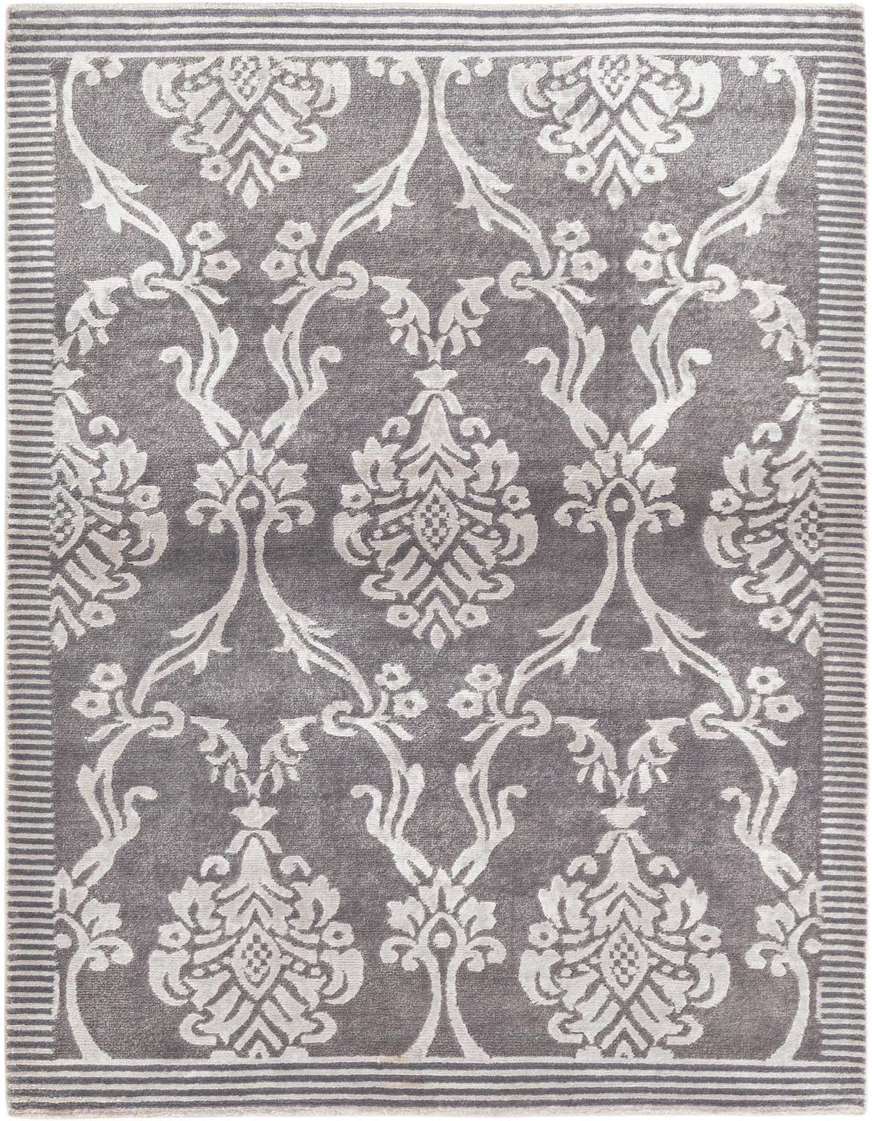 A 3x5 rectangular gray wool rug with a high pile, featuring an elegant silver modern oriental pattern and striped border.