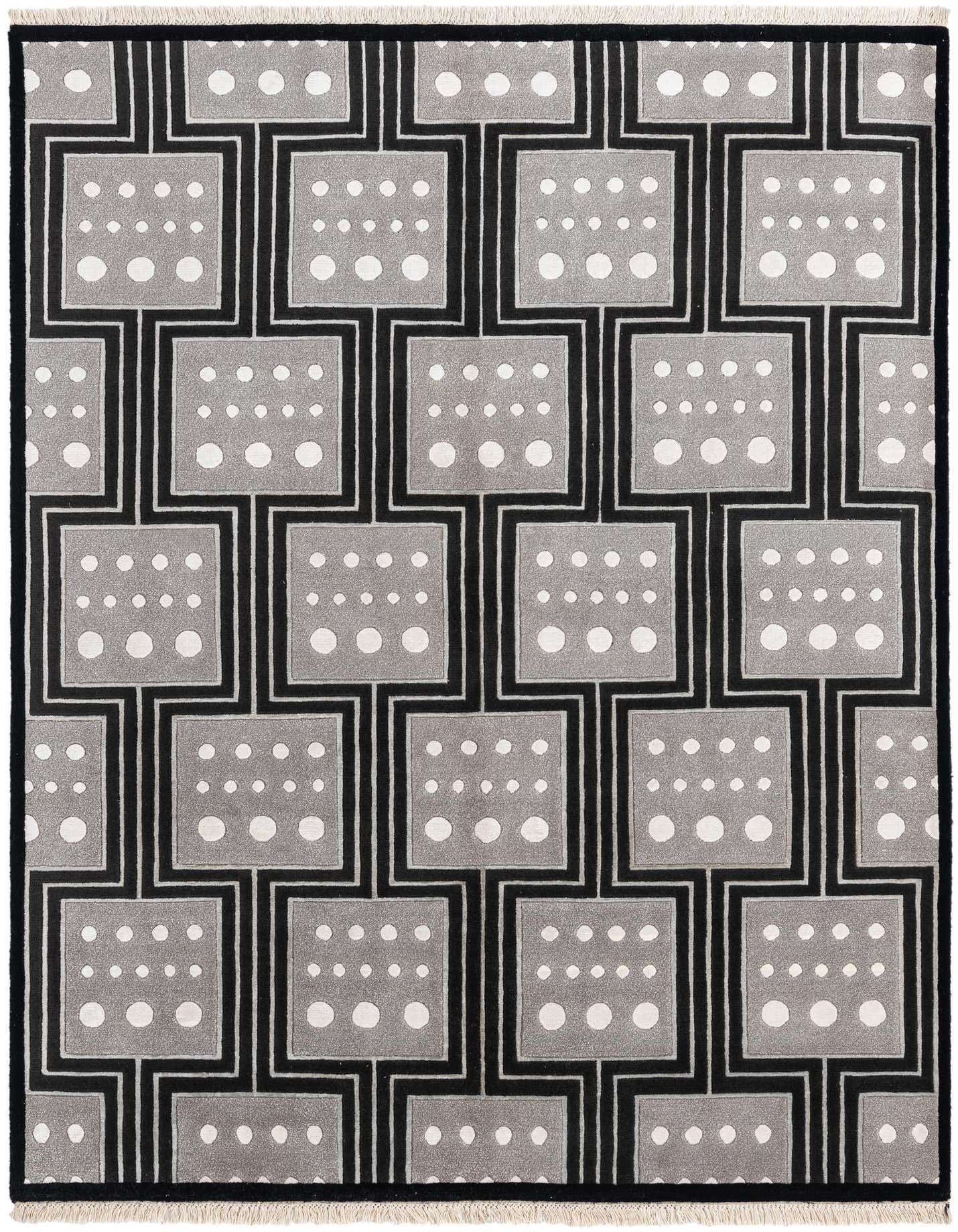 A 5x8 rectangular Darya rug with a modern Oriental pattern in shades of gray and silver, featuring a geometric grid of squares with white dots, framed by dark lines and a light fringe.