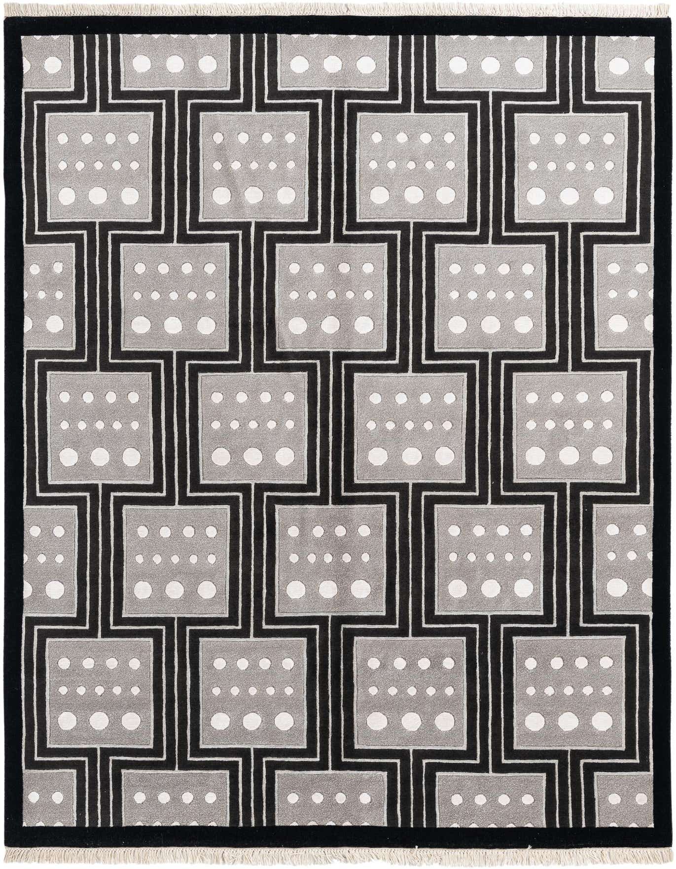 A 5x8 rectangular wool rug with a modern geometric pattern in shades of gray, silver, and black, featuring a grid of squares with white dots.