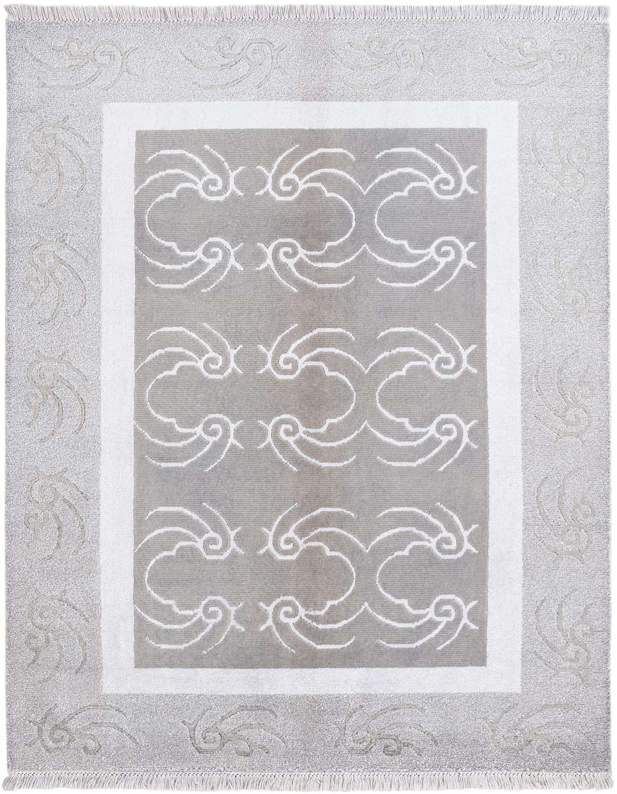 A 4x6 rectangular gray wool rug with a modern oriental pattern, featuring light gray swirls on a darker gray field, framed by a lighter gray border with subtle scrollwork.