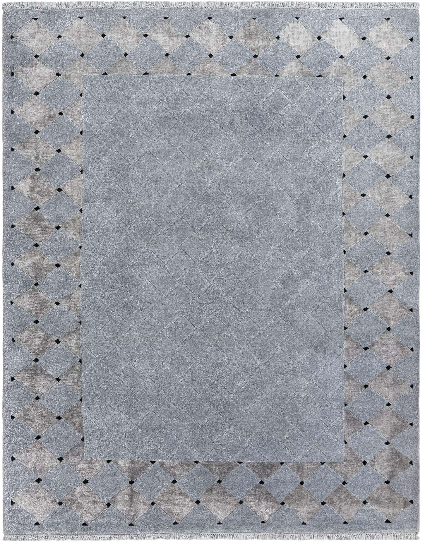 A 5x8 rectangular Darya rug with a modern oriental pattern in shades of gray and silver, featuring a central diamond pattern and a contrasting border with small black squares.