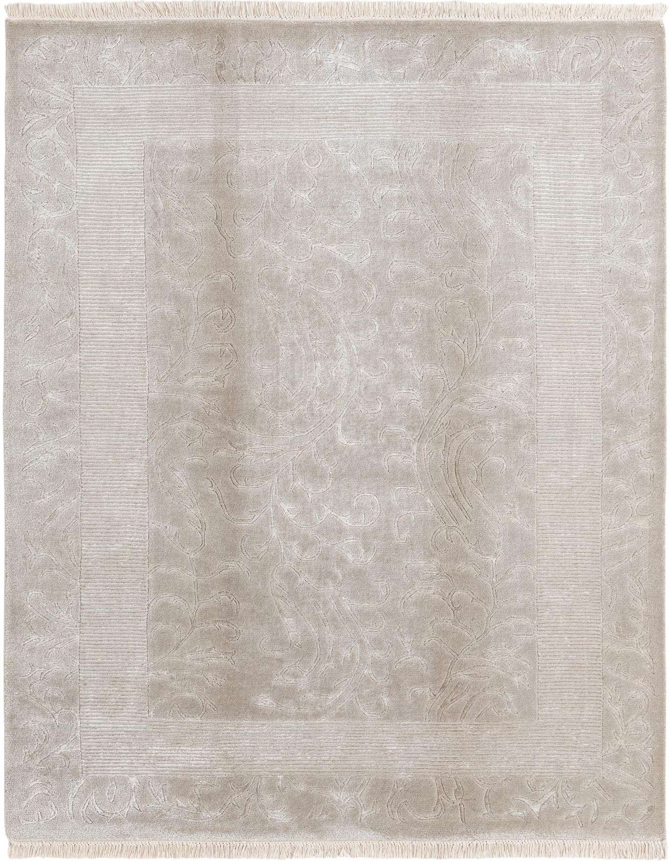 A 5x8 rectangular gray wool rug with a subtle modern oriental pattern and a distinct striped border, featuring short fringe.