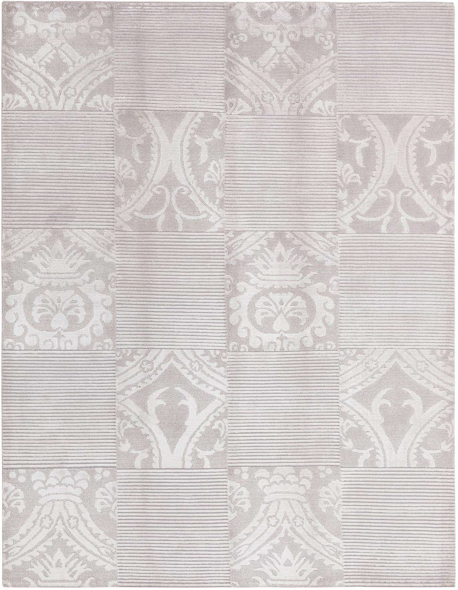 A 5x8 rectangular gray wool rug featuring a modern oriental patchwork design with alternating striped and ornate patterned squares.