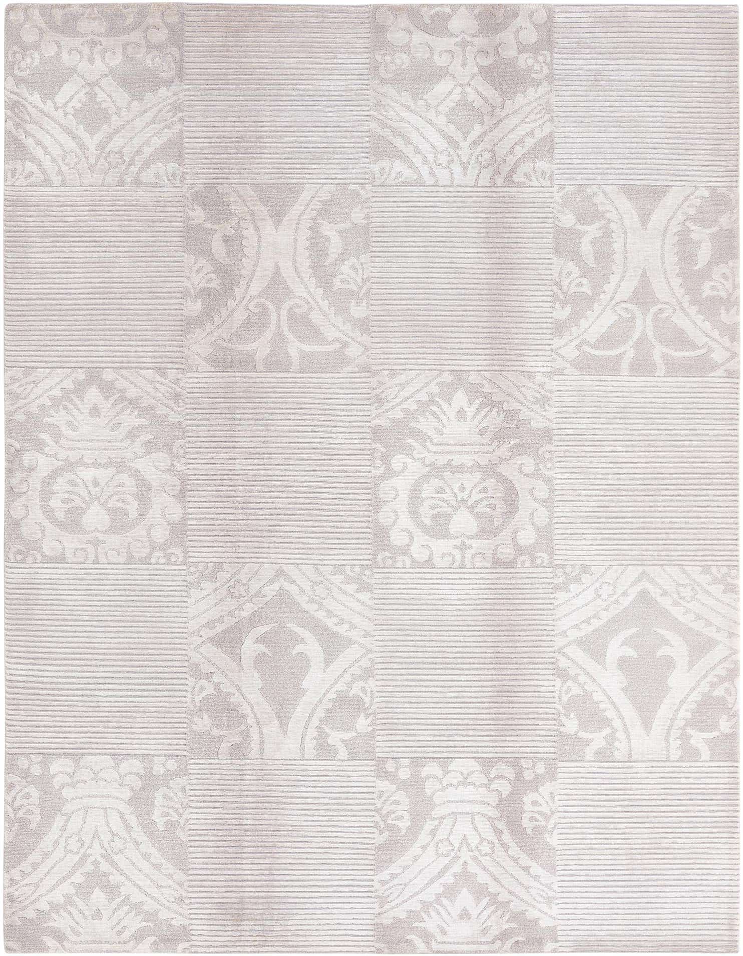 A 5x8 rectangular Darya Collection rug in shades of gray, featuring alternating modern striped and traditional Oriental medallion patterns.