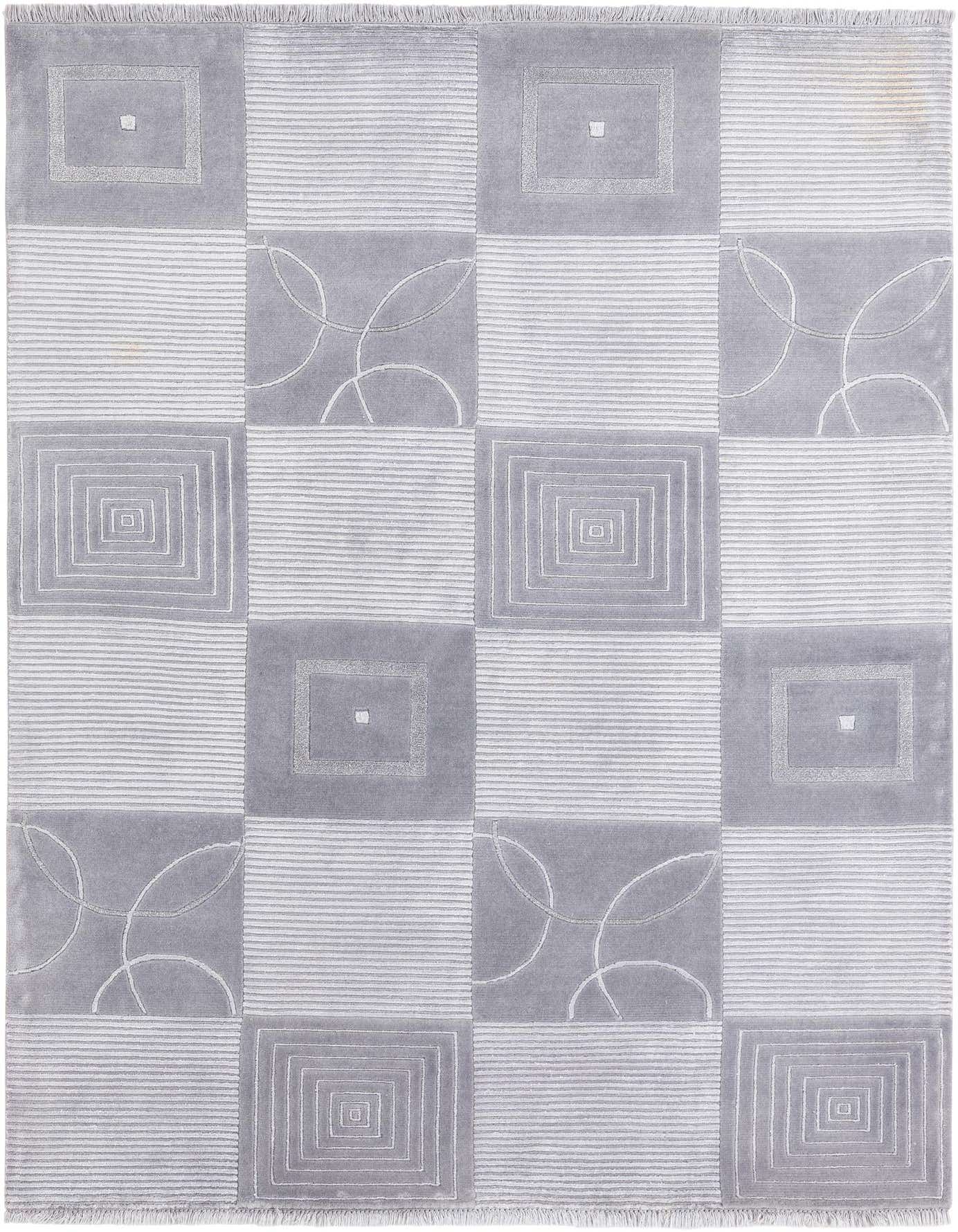 A 5x8 rectangular gray wool rug with a modern checkerboard pattern featuring various geometric and abstract designs.