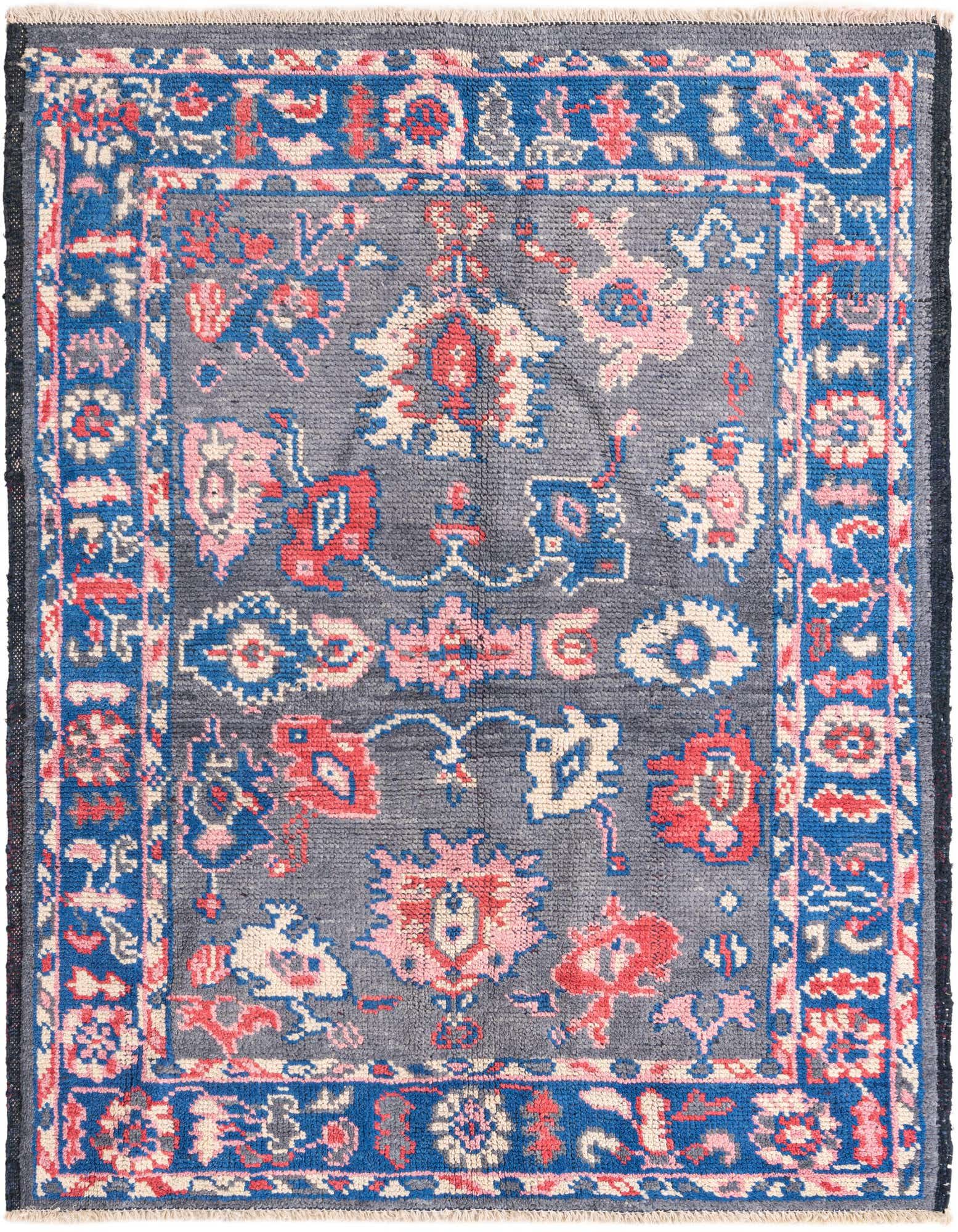 A 4x6 rectangular Darya rug with a gray field and modern floral patterns in blue, red, and pink, with a matching border.