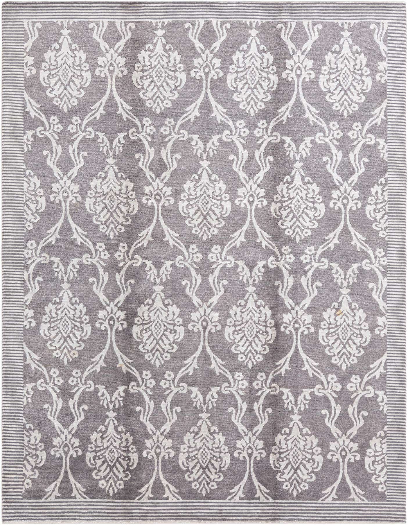 A 5x8 rectangular gray wool rug with a white modern damask pattern and striped border, suitable for a living room.