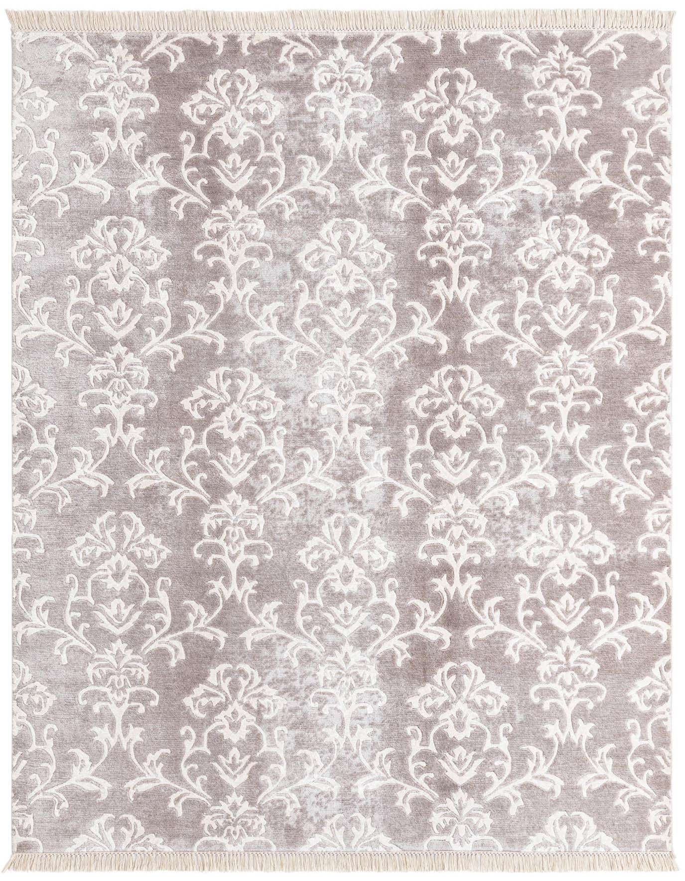A 5x8 rectangular gray modern wool rug with an intricate white damask pattern and short fringe.