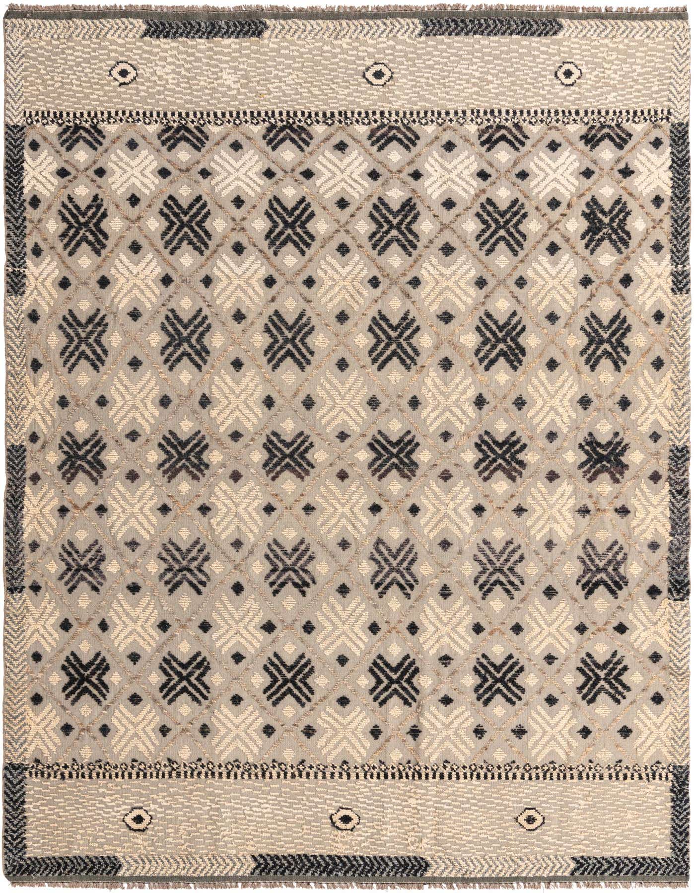 A rectangular 8x11 gray wool area rug with a modern abstract pattern of interlocking light and dark gray geometric shapes.