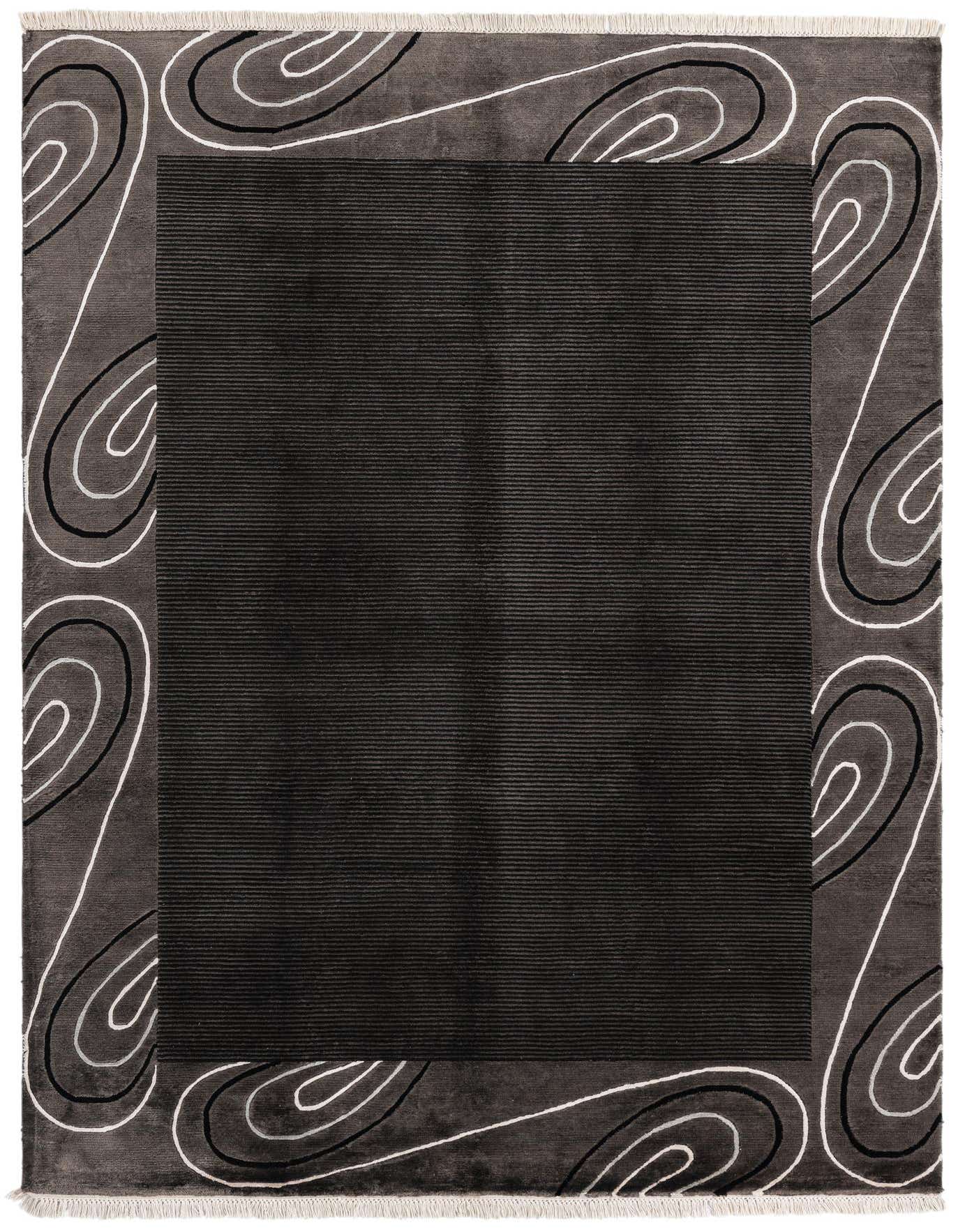 A 5x8 rectangular gray wool rug with a modern oriental pattern featuring a dark gray center and a border of swirling white and black lines.