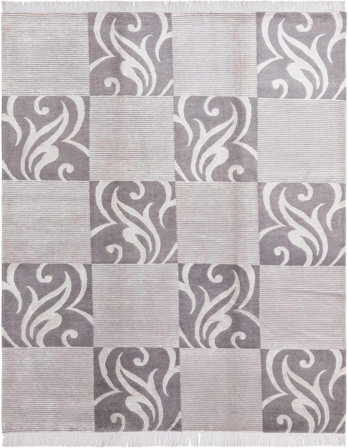 A 5x8 rectangular Darya rug with a modern gray and silver checkered pattern, featuring alternating striped and ornate scroll designs.
